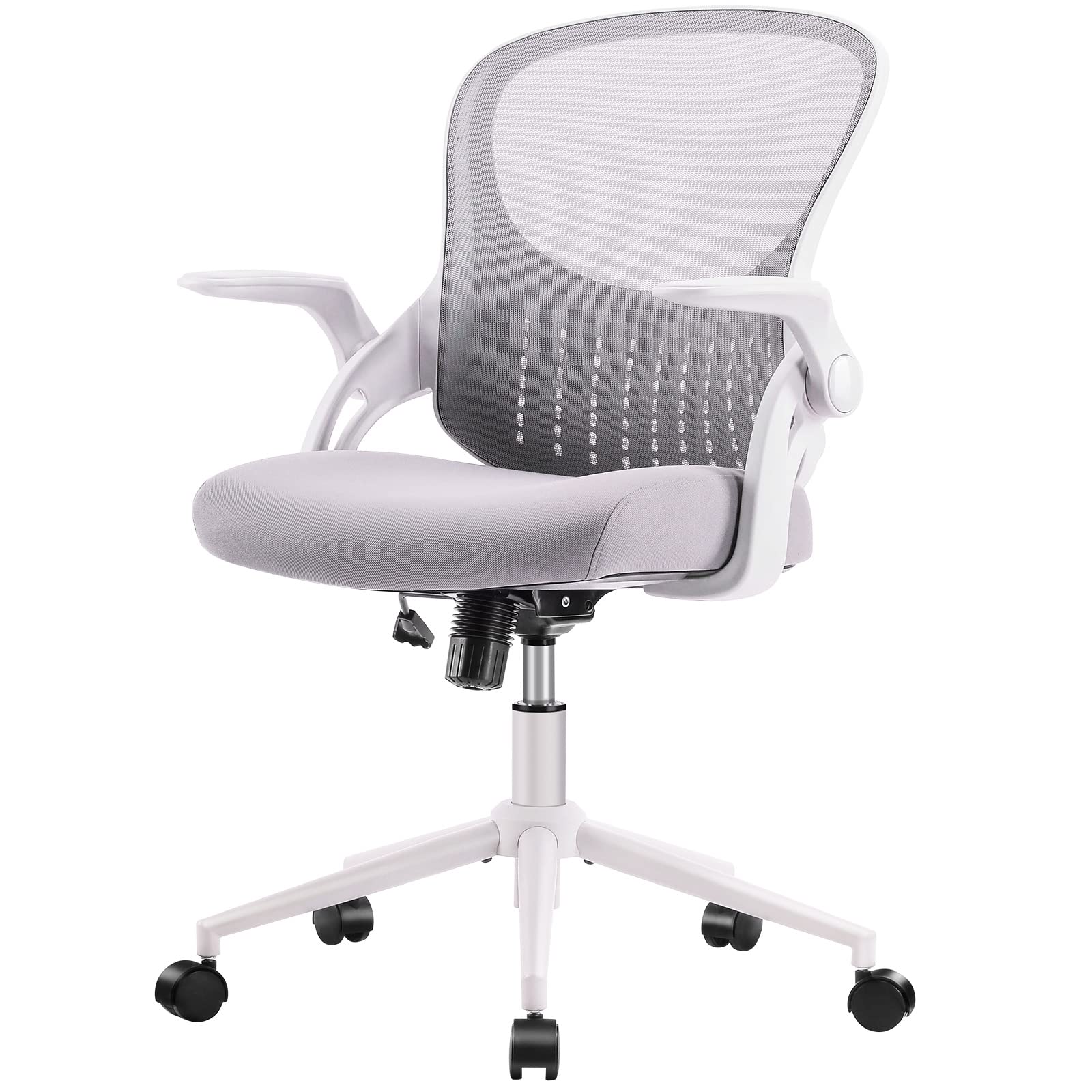 Ergonomic Mesh Office Chair with Lumbar Support - Adjustable Mid-Back Computer Gaming Desk Chair with Flip-Up Arms & Wheels for Home Office, Study Room, Bedroom - Comfortable Swivel Task Chair for Adults & Students (Grey) - Perfect for Long Work Hours, Online Classes & Gaming Sessions