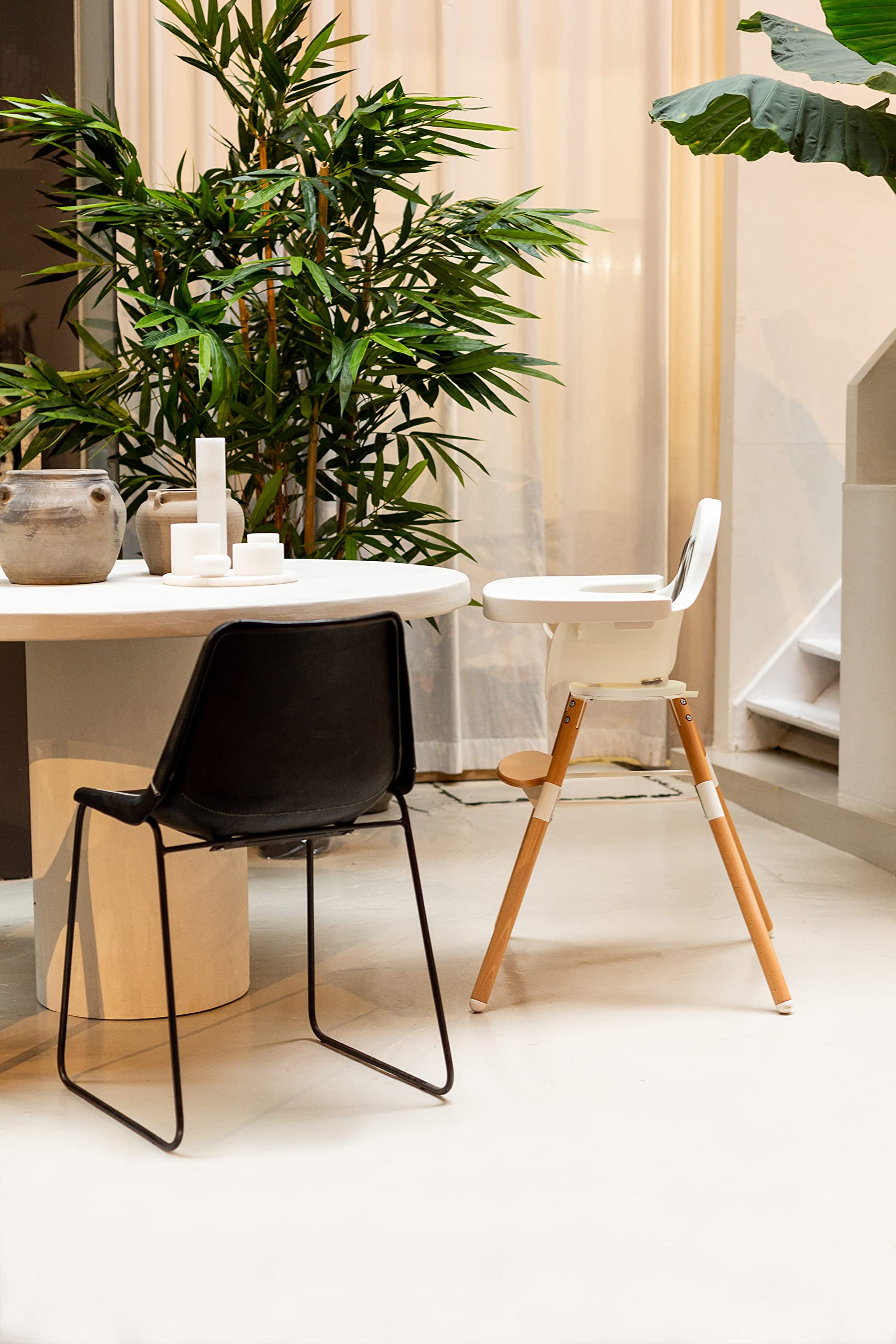 Childhome Evolu One.80° High Chair - 2 in 1 Baby High Chair with 180° Swivel, Adjustable Height & Portable Design | Modern Sleek High Chair with Beechwood Legs in White | Perfect for Dining, Feeding & Playtime