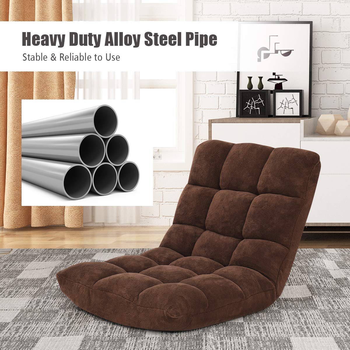 14-Position Adjustable Folding Sofa Chair - Convertible Sleeper Bed & Gaming Recliner for Living Room, Bedroom, Home Theater - Comfortable Floor Couch in Brown (Perfect for Small Spaces, Guest Beds & Relaxing)