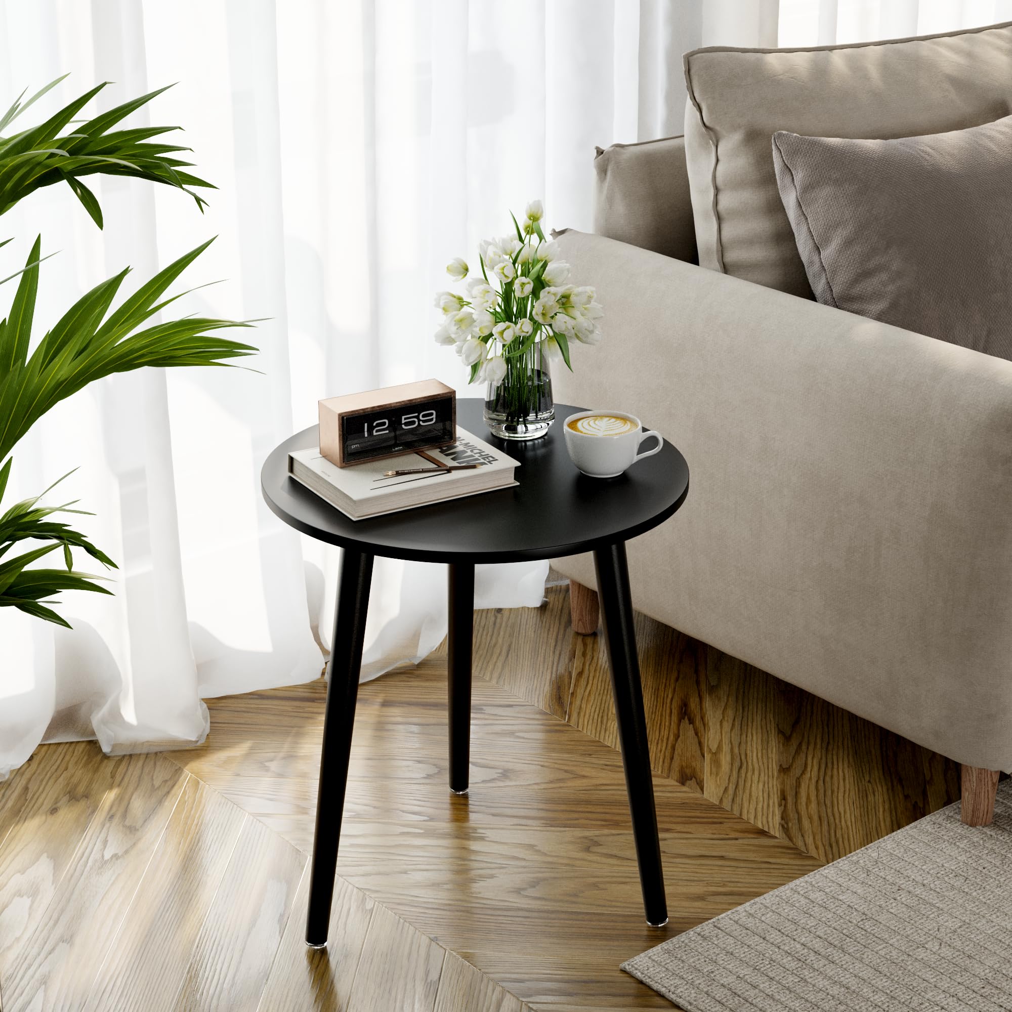 Apicizon Black Round Side Table with Wood Legs - 16.5 x 20.5 Inch End Table, Nightstand for Bedroom, Living Room & Nursery - Perfect for Small Spaces, Coffee Table Alternative & Bedside Storage