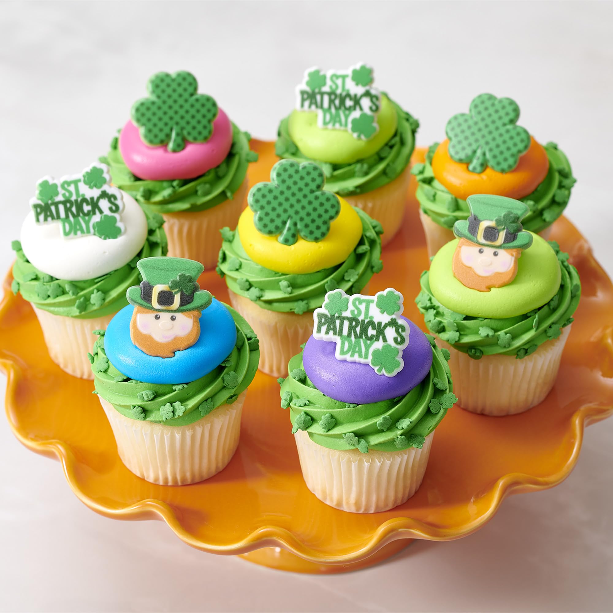 DecoPac St. Patrick's Day Cupcake Toppers - 24 Pack of Green Shamrock & Leprechaun Rings for Cake Decorations | Food Safe Cupcake Decor for St. Paddy's Day Parties, Birthday Cakes & Holiday Desserts