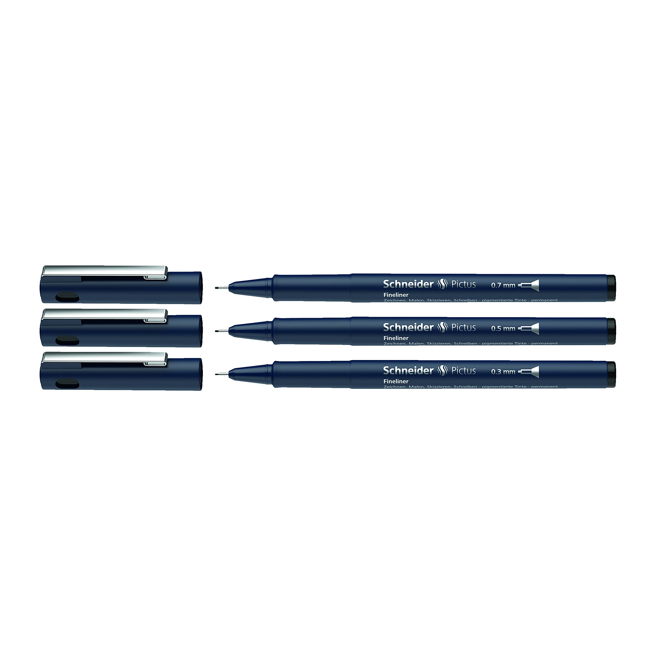 Schneider Pictus Fineliner Pen Set - 3 Pack with Assorted Tip Sizes (0.3mm/0.5mm/0.7mm) - Premium Black Ink Artist Markers for Sketching, Doodling & Calligraphy - Perfect for Bullet Journaling, Note Taking & Art Projects (197593)