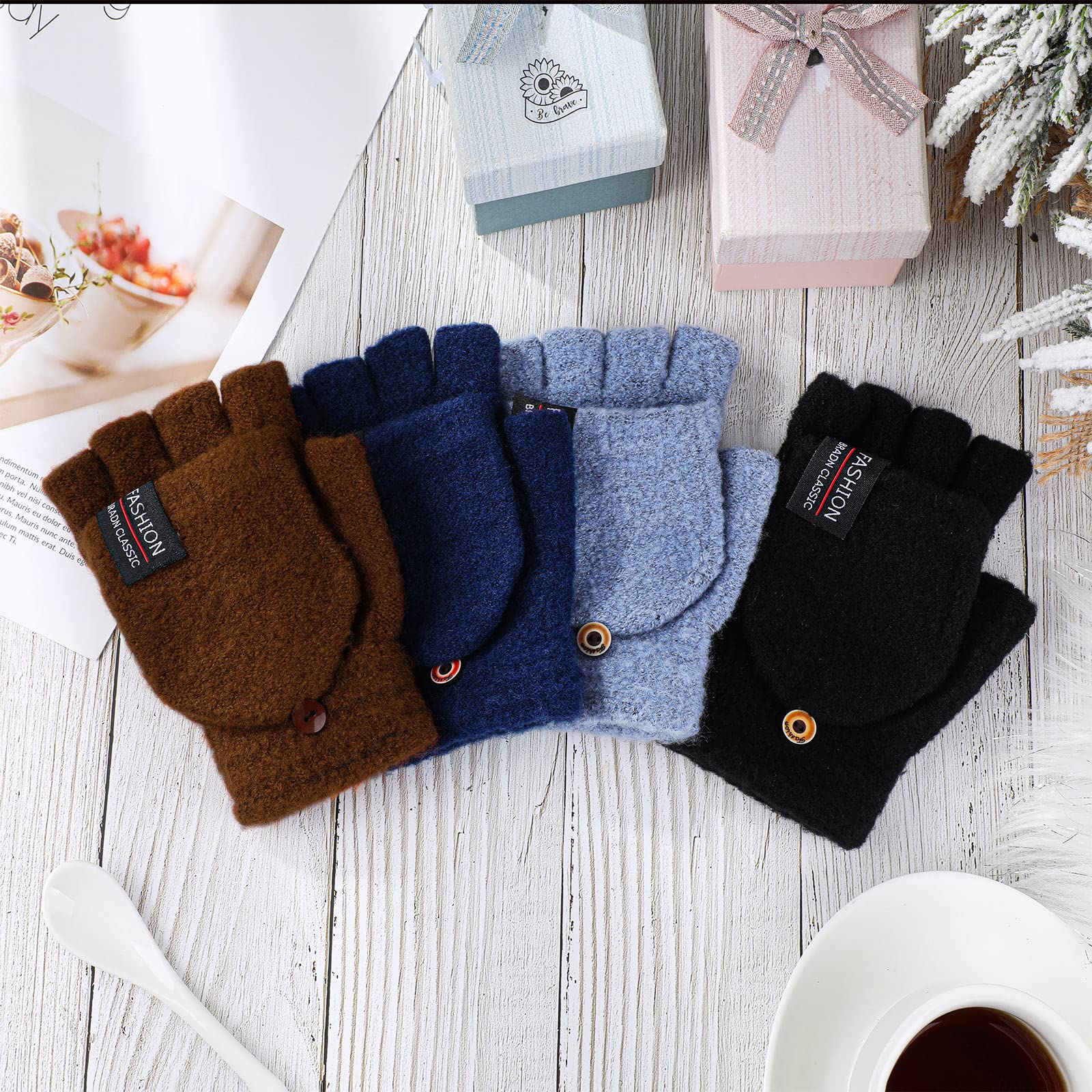 SATINIOR 4 Pairs Winter Fingerless Gloves with Convertible Mittens - Warm Knitted Gloves for Women & Men - Perfect for Outdoor Activities, Running, Hiking & Cold Weather