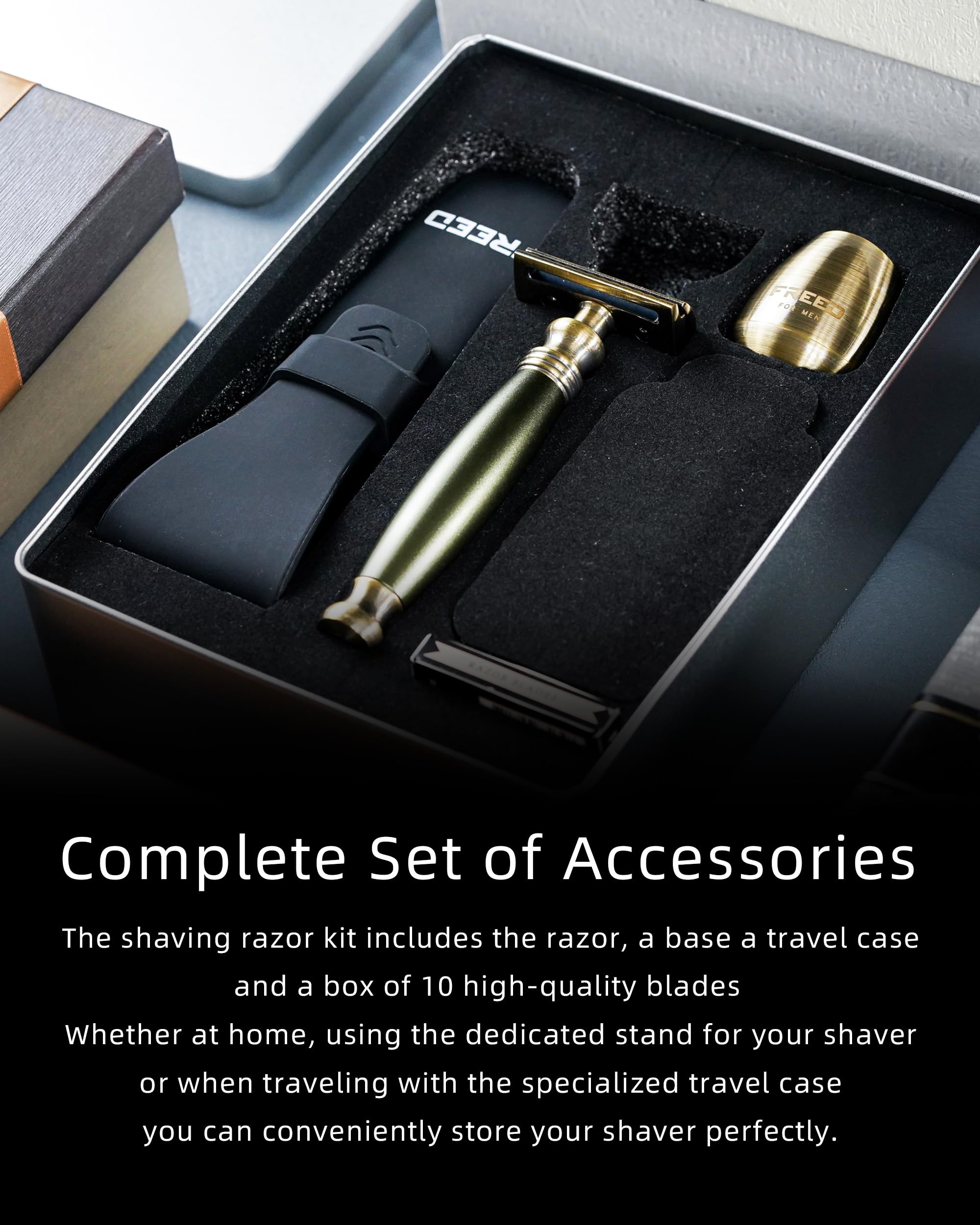Premium Bronze Series Personalized Men's Shaving Kit - Engraved Safety Razor with Metal Handle, Travel Case, Stand & 10 Blades | Perfect Gift for Father's Day, Birthday & Anniversary | Home & Travel Grooming Essential (Green)