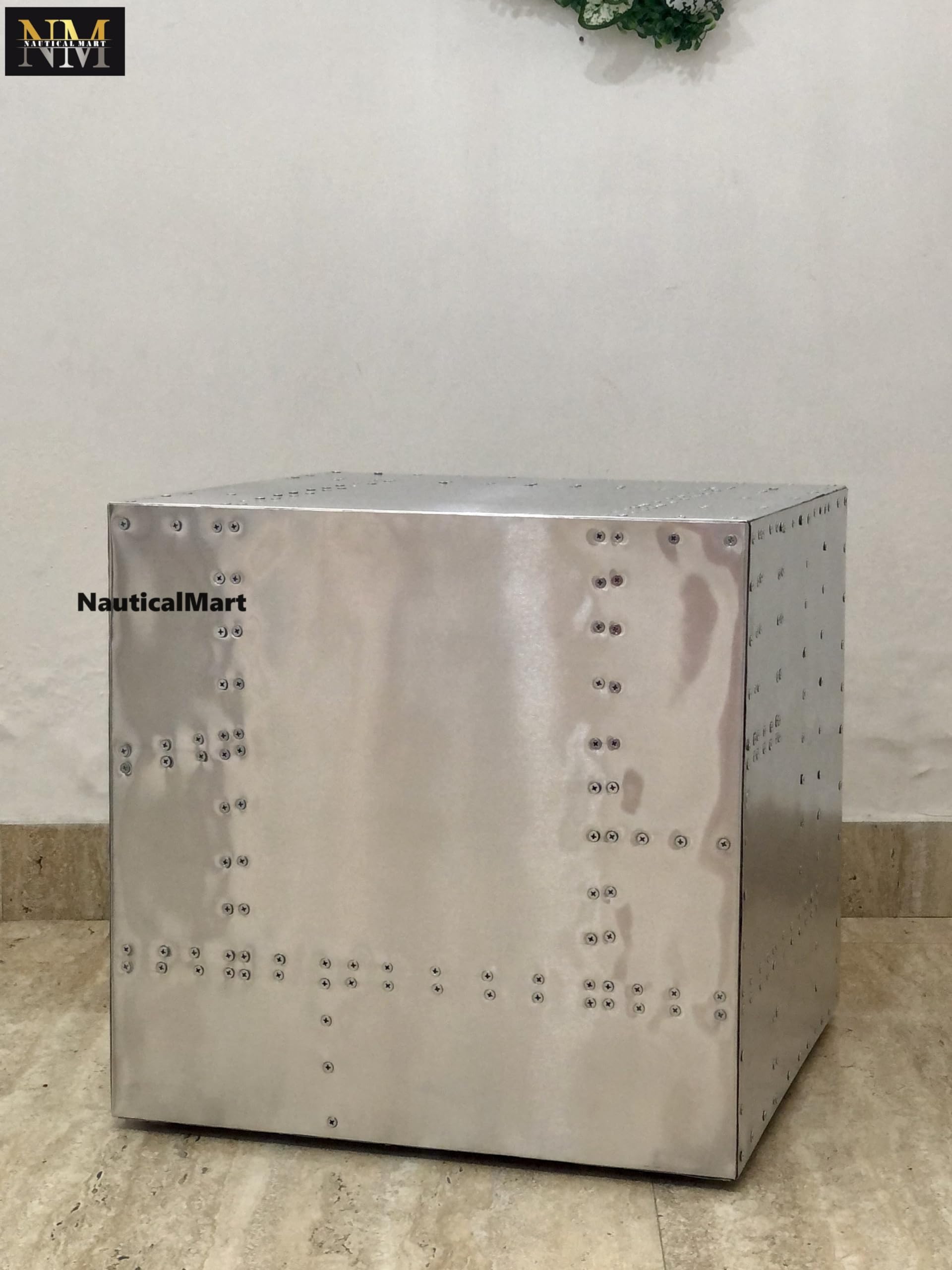 14 Inch Aluminum Cube Industrial End Table - Modern Metal Crate Coffee Table with Urban Aviator Design for Living Room, Office & Dorm (Silver)