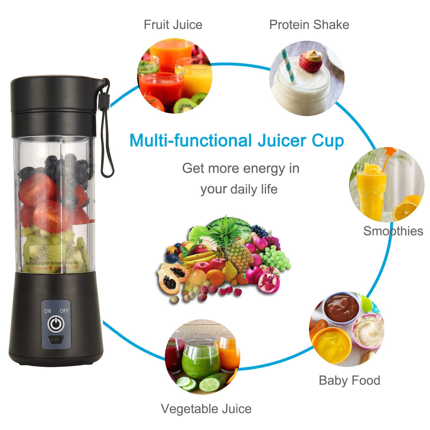 Portable USB Rechargeable Blender - 13oz Mini Travel Blender for Smoothies, Shakes & Baby Food - 2000mAh Personal Blender Cup with BPA-Free Design (Black) - Perfect for Gym, Office, Camping & On-the-Go Lifestyle