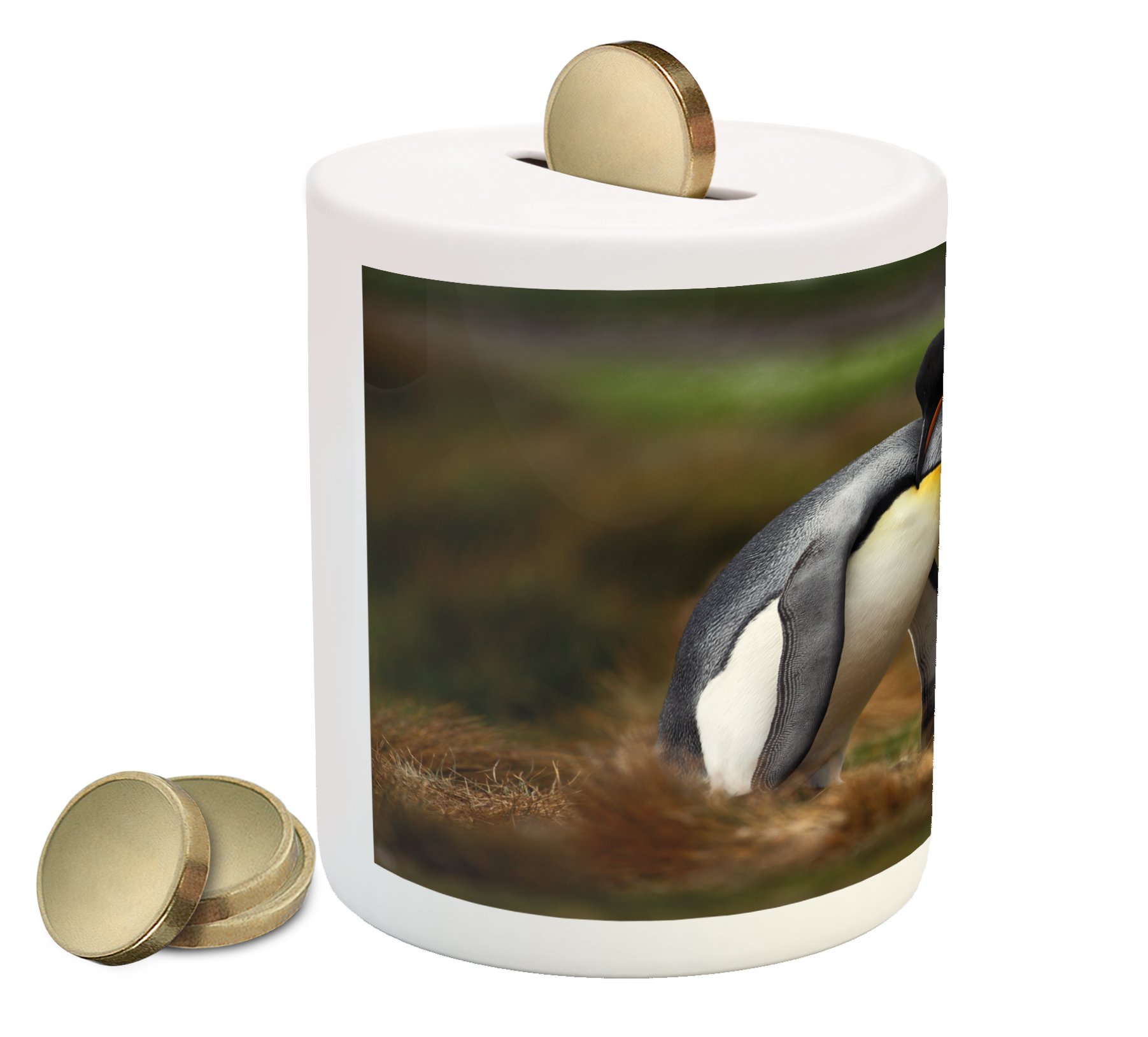Ambesonne Penguin Couple Ceramic Piggy Bank - Cute Animal Coin Bank for Cash Saving, Printed Money Box with Wild Nature Romance Design, Perfect Gift for Kids & Collectors - Use for Birthday, Christmas, or Home Decor
