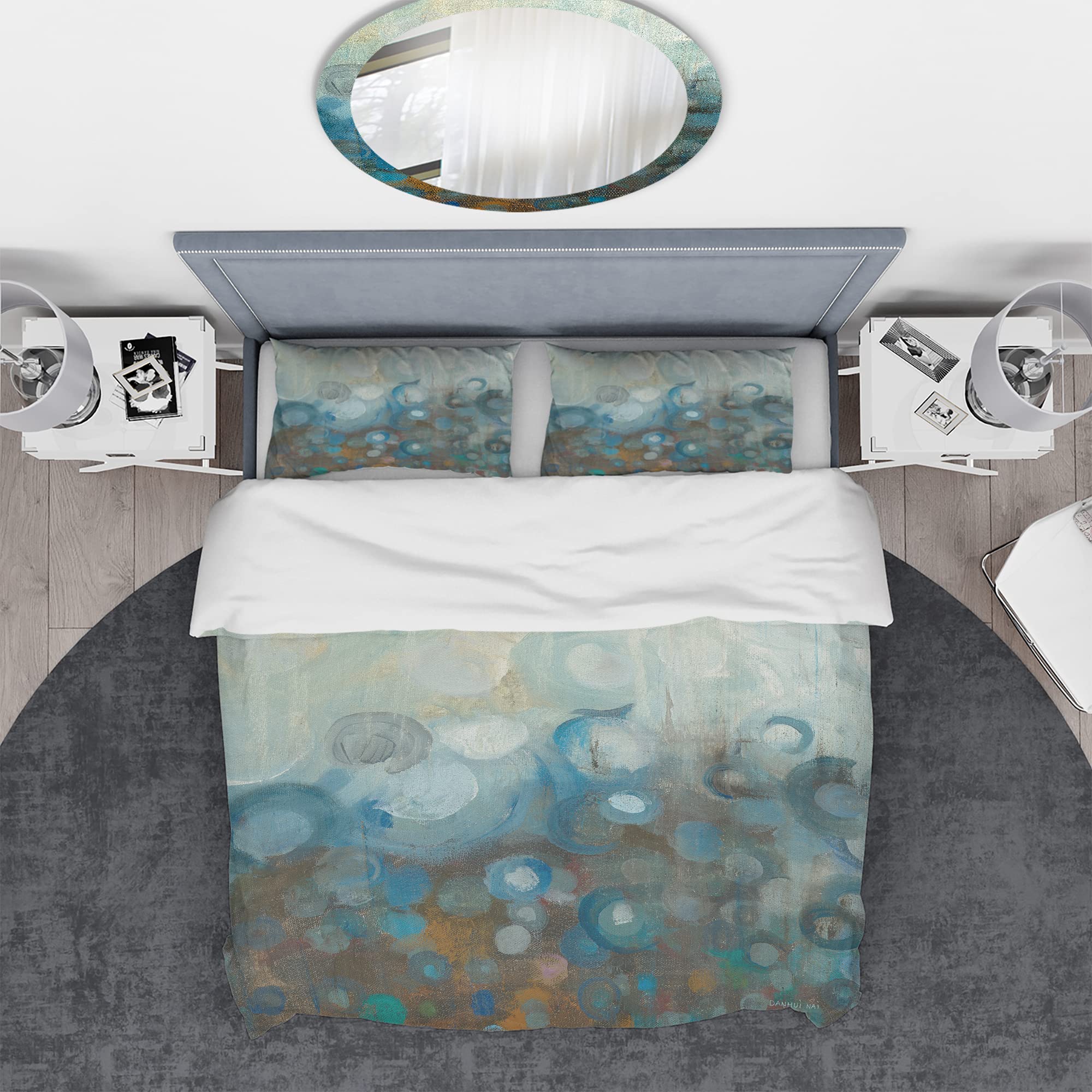 Blue & Bronze Dots Glass Duvet Cover Set King - Modern Abstract Bedding for All Seasons