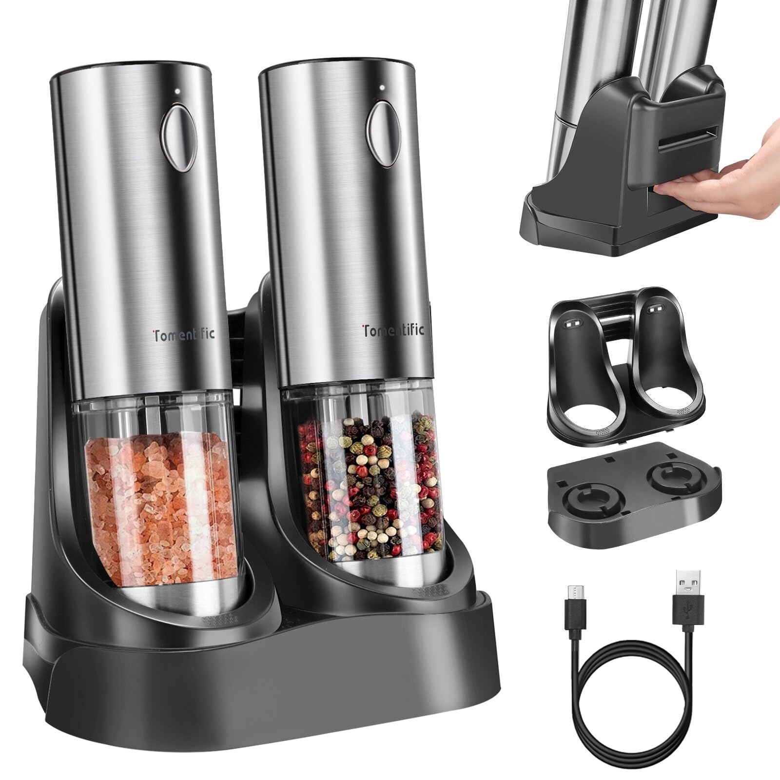 Upgraded Electric Salt and Pepper Grinder Set - Large Capacity Automatic Mills with Adjustable Coarseness, LED Light & Dual Charging Station - Stainless Steel Kitchen Gadget for Cooking, Dining & Home Use