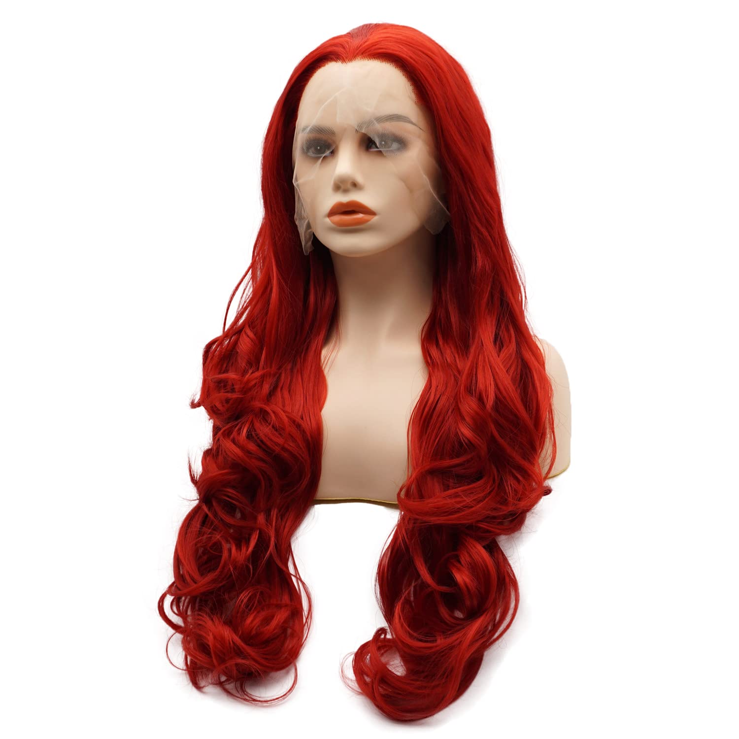 26 Inch Long Wavy Red Synthetic Lace Front Wig - Heat Resistant, Heavy Density, Natural Looking Hairpiece for Cosplay, Halloween & Daily Wear