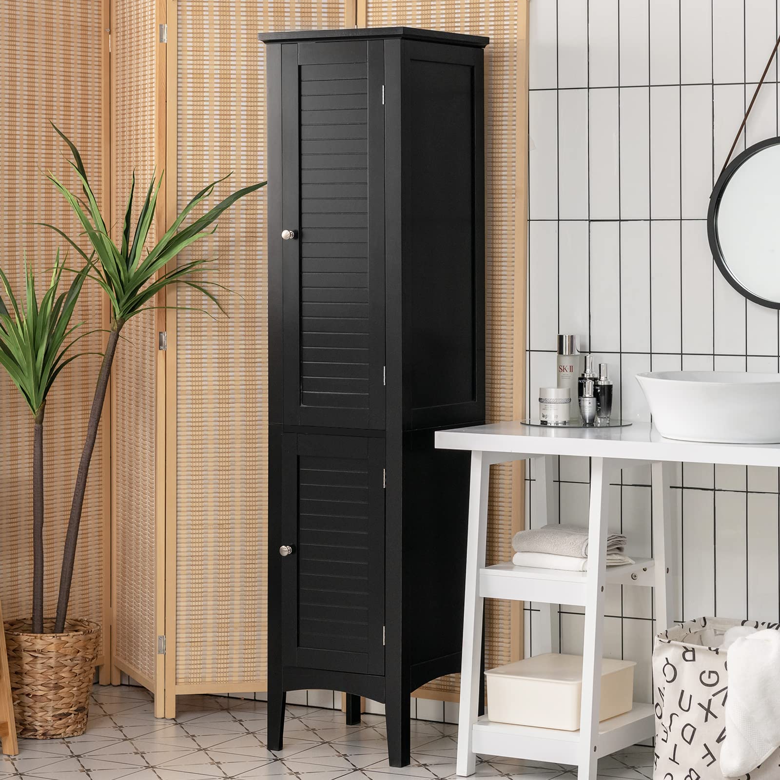 Giantex 5-Tier Storage Cabinet - Freestanding Tall Bathroom & Kitchen Organizer with Shelves, Slim Linen Tower for Bathroom, Kitchen, Living Room - Space-Saving Narrow Floor Cabinet (Black) | Perfect for Small Spaces, Apartment Storage & Home Organization
