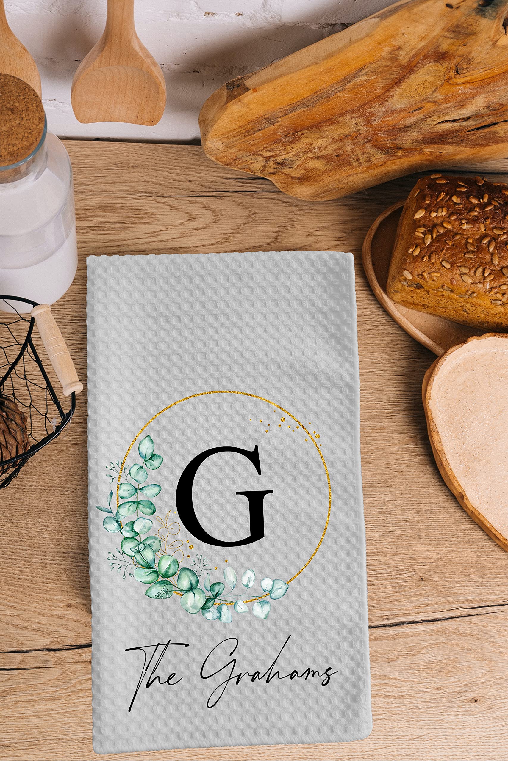 Custom Monogram Kitchen Towel with Wreath Design | Personalized Family Name Dish Towel | Handcrafted Tea Towel for Kitchen Decor | Perfect Housewarming Gift for New Homeowners | Ideal for Everyday Use and Special Occasions