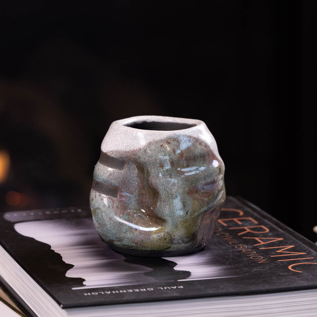 Handmade Medium Manipulated Raku Pottery - Crackled White, Neutrals & Copper Glaze - Unique Ceramic Planter for Home Decor, Zen Garden & Bonsai Display