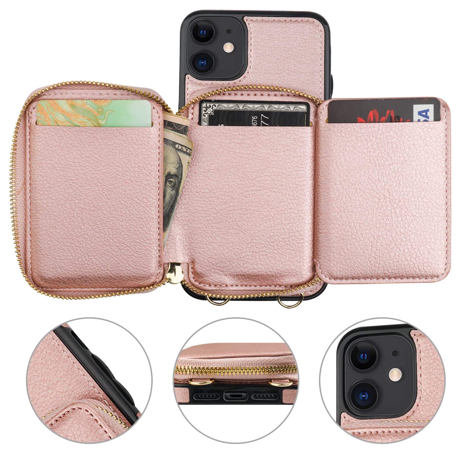 RFID Blocking Wallet Case for iPhone 11 - PU Leather Crossbody Zipper Purse with Card Holder, Kickstand & Detachable Wrist Strap | 6.1 Inch Rose Gold Folio Case | Perfect for Travel, Shopping & Daily Use