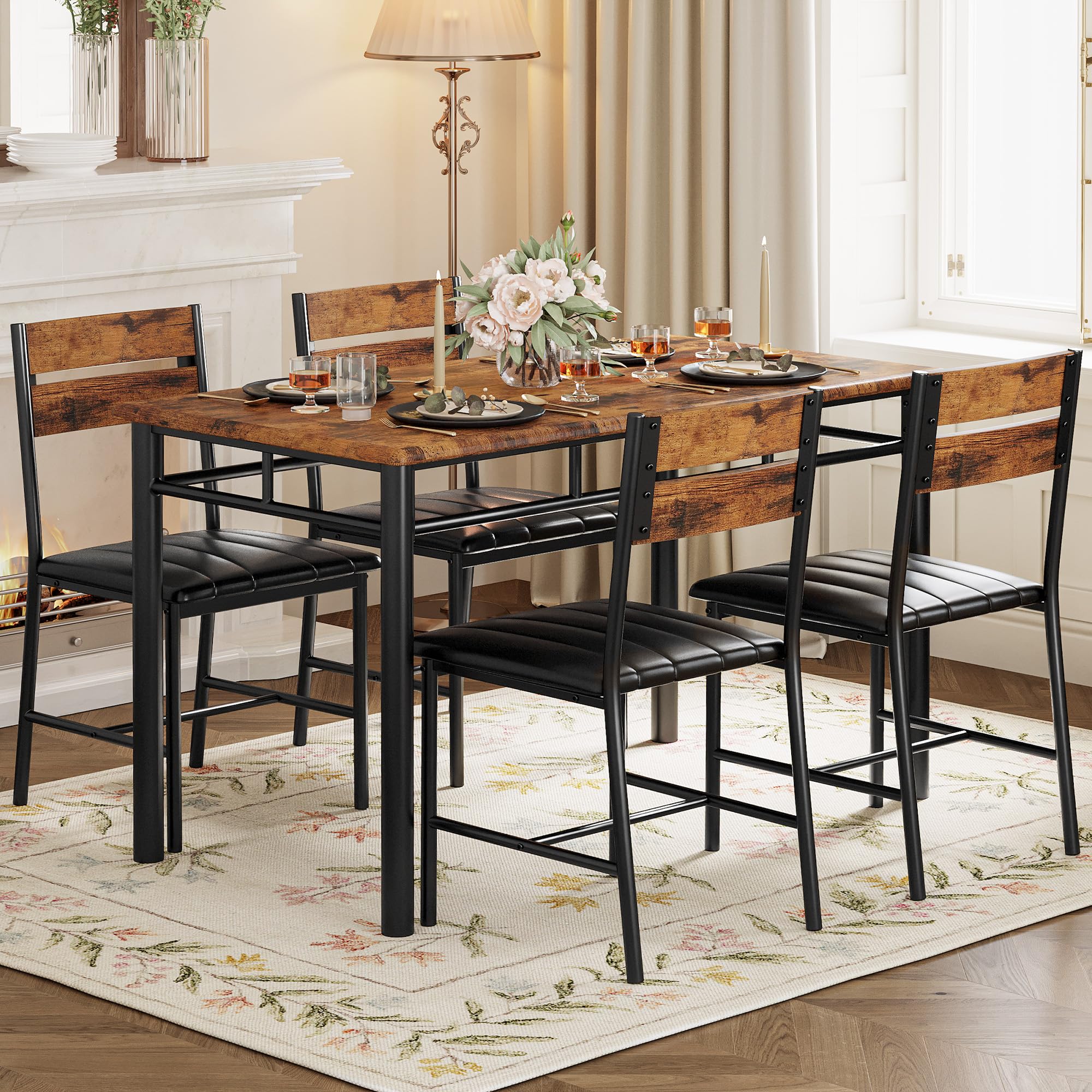 IRONCK 4-Piece Wooden Dining Table Set with Upholstered Chairs - Compact Kitchen & Dining Room Table for Small Spaces in Rustic Brown | Perfect for Apartments, Breakfast Nooks & Cozy Family Meals