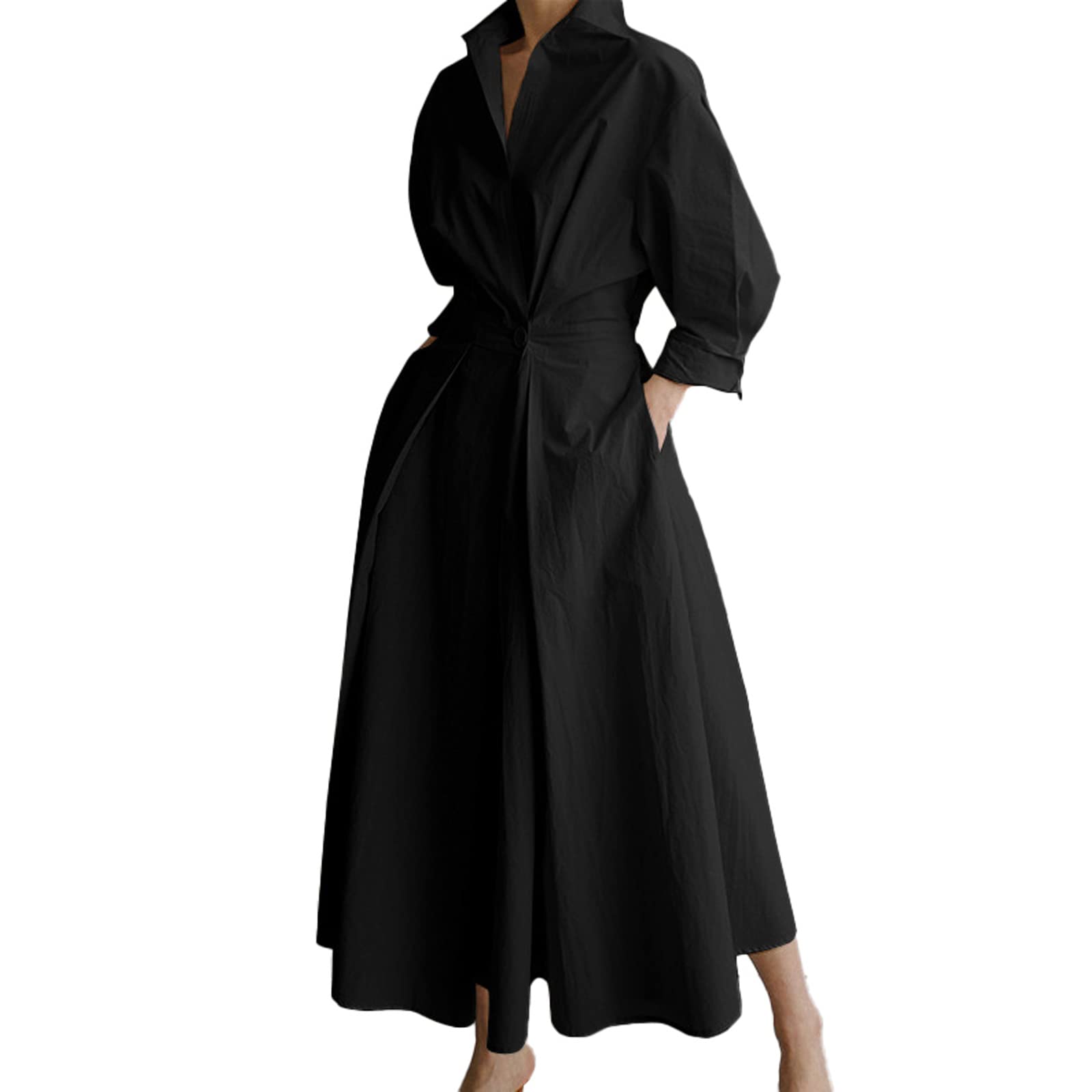 Women's Long Sleeve Button Down Shirt Dress with Lapel Collar & Elastic Waist - A-Line Casual Elegant Maxi Work Dress for Office, Business Meetings & Formal Events