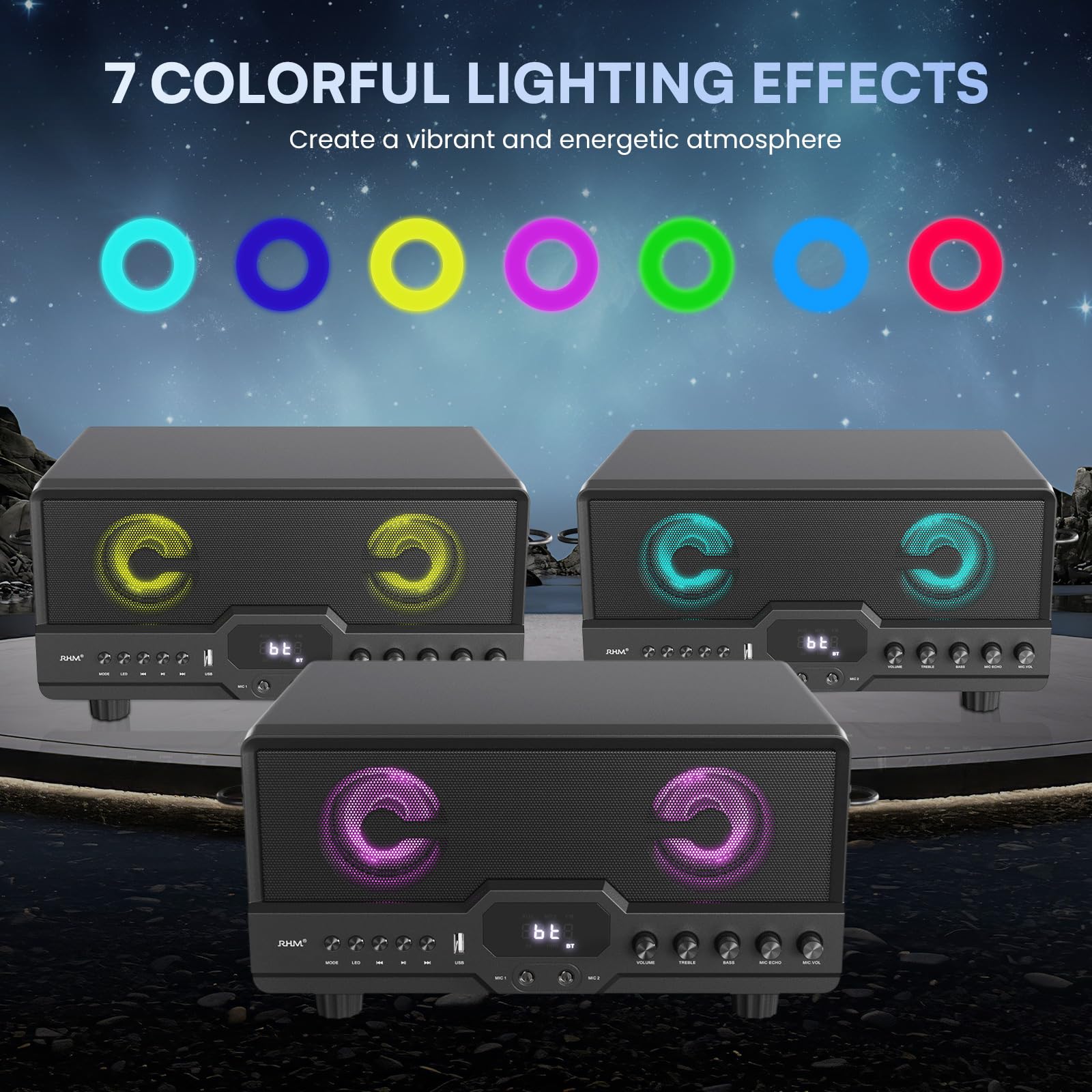 RHM L268 Karaoke Machine with 4 Microphone Support - Powerful Sound, RGB Lights, 2 Rechargeable Wireless Mics, Built-in Wired Mic Ports - Treble/Bass Adjustment, Bluetooth, AUX, USB - Perfect for Home Parties & Family Gatherings