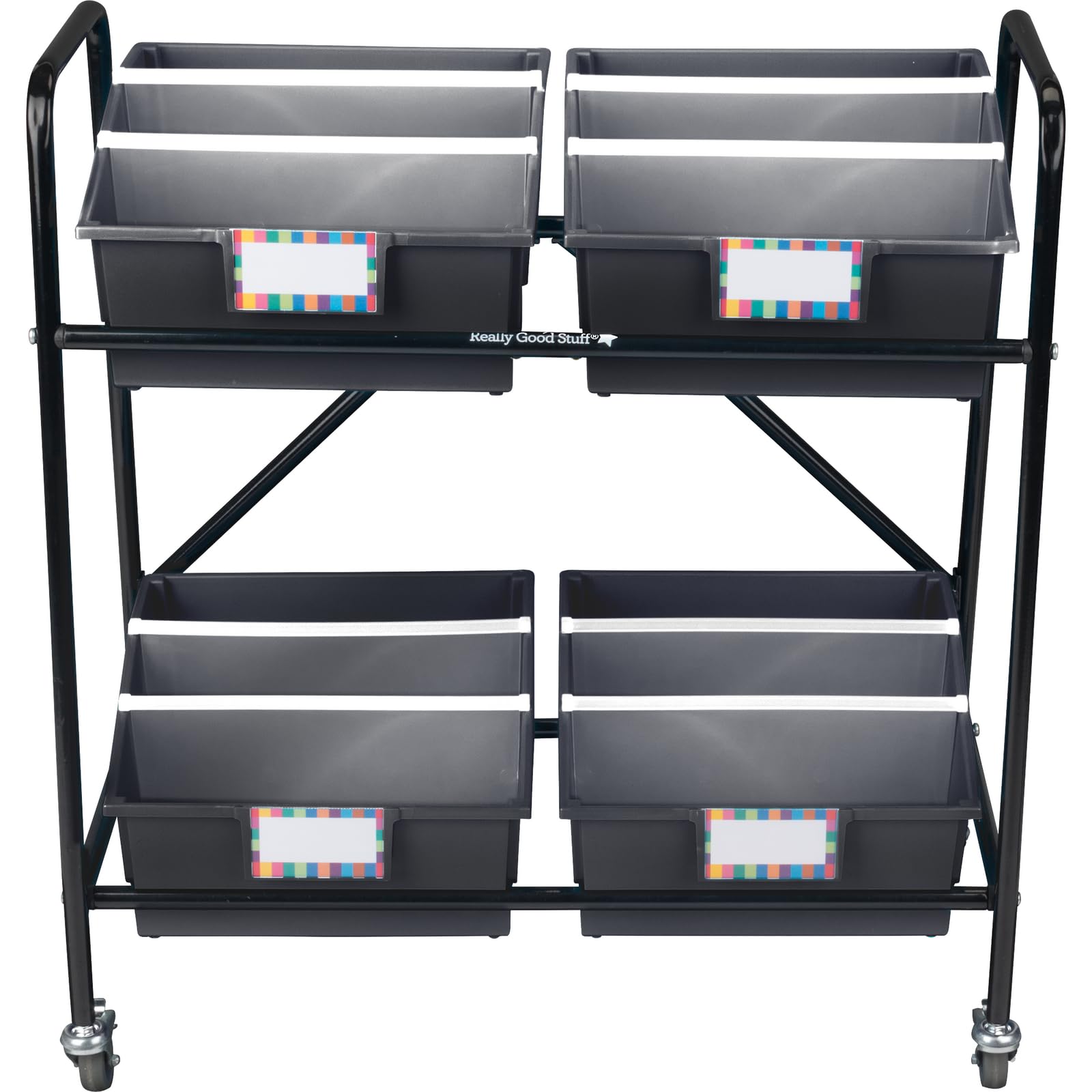 Really Good Stuff Mid-Size Mobile Storage Rack with 4 Picture Book Bins - Organizer Shelf for Classroom, Library & Kids Room Storage