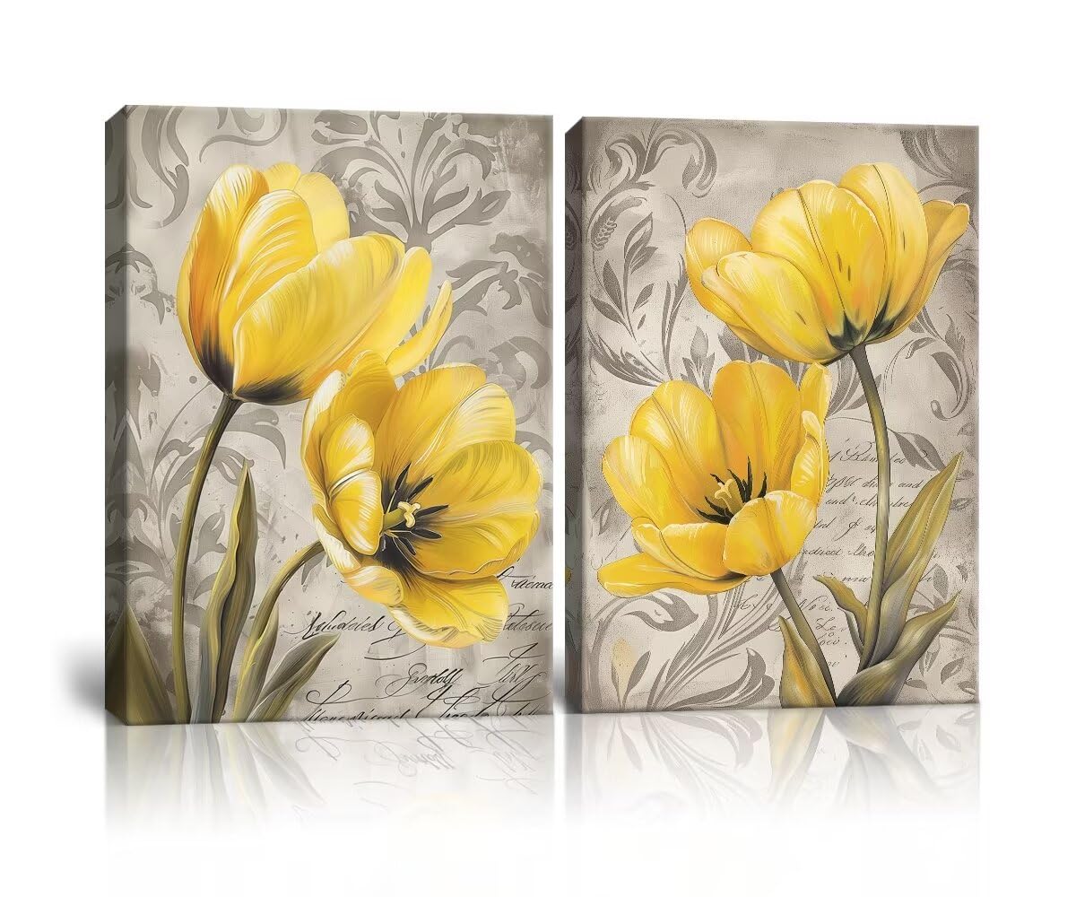 Yellow and Gray Tulip Floral Canvas Wall Art - Modern Framed Flower Painting Prints for Living Room, Bedroom & Bathroom Decor (Set of 2) | Perfect for Home Office, Nursery & Wedding Gift