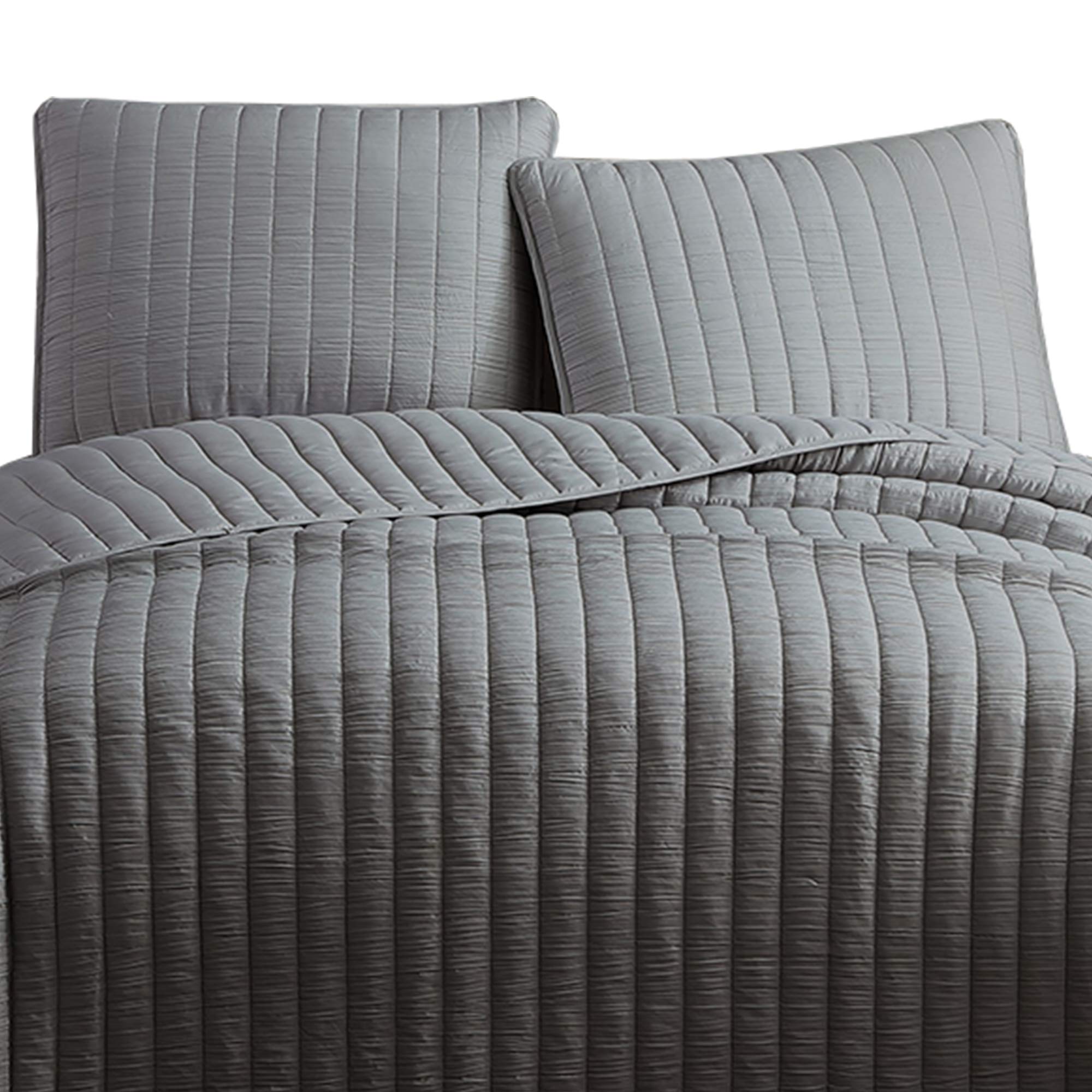 Benjara 3-Piece Queen Size Crinkle Bedspread Set with Vertical Stitching - Soft Gray Bed Cover for Master Bedroom & Guest Room Decor