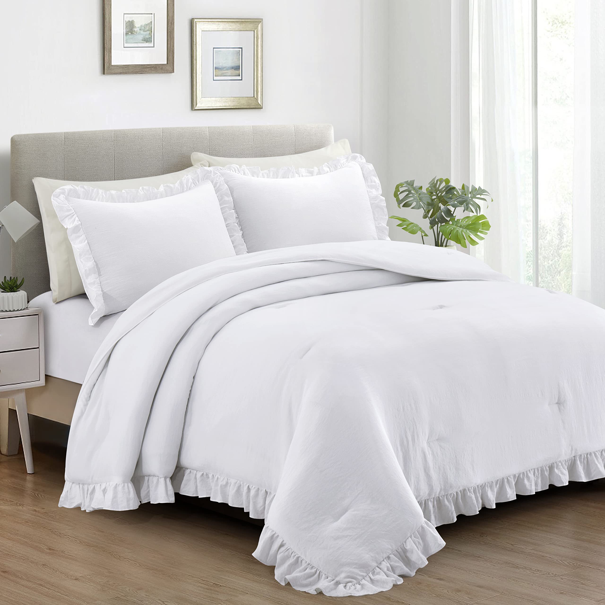 3-Piece King Size White Farmhouse Comforter Set with Ruffled Bedding & Pillow Shams - Soft & Cozy Bedding for Master Bedroom, Guest Room, or Airbnb Stays