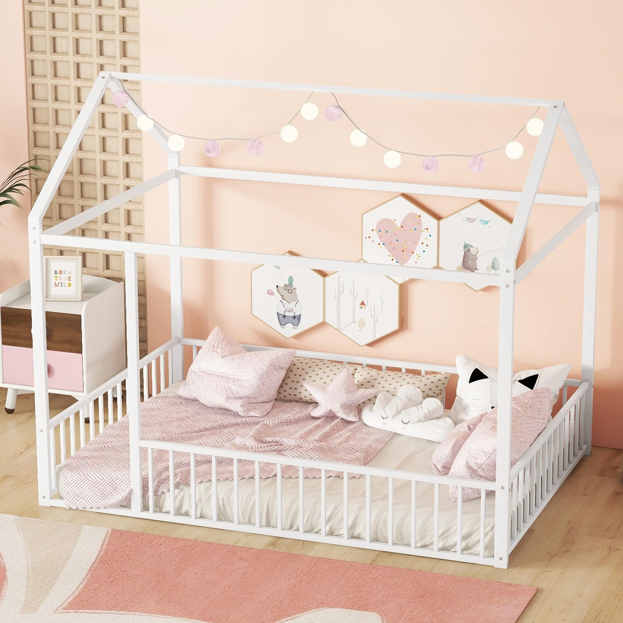 Montessori Floor Bed for Kids - Full Size White Metal House Bed Frame with Safety Fence | Playhouse Style Toddler Bed for Daytime Play & Nighttime Sleep | Perfect for Montessori Bedrooms & Playrooms
