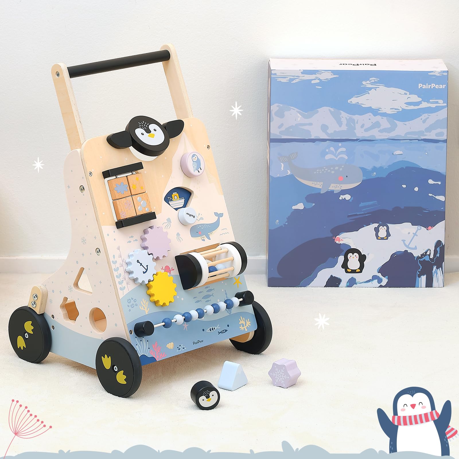 Montessori Wooden Baby Walker & Push Toy with Shape Sorter - Adjustable Speed Learning Activity Center for 1-3 Year Old Boys & Girls | Perfect for Early Childhood Development & Indoor Playtime (Polar Region Design)