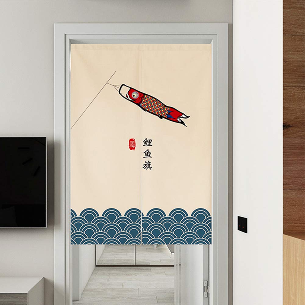 Japanese Noren Door Curtain - Traditional Koinobori & Wave Ukiyoe Tapestry, 33 x 47 Inches, Room Divider & Home Decor for Living Room, Bedroom, or Entryway