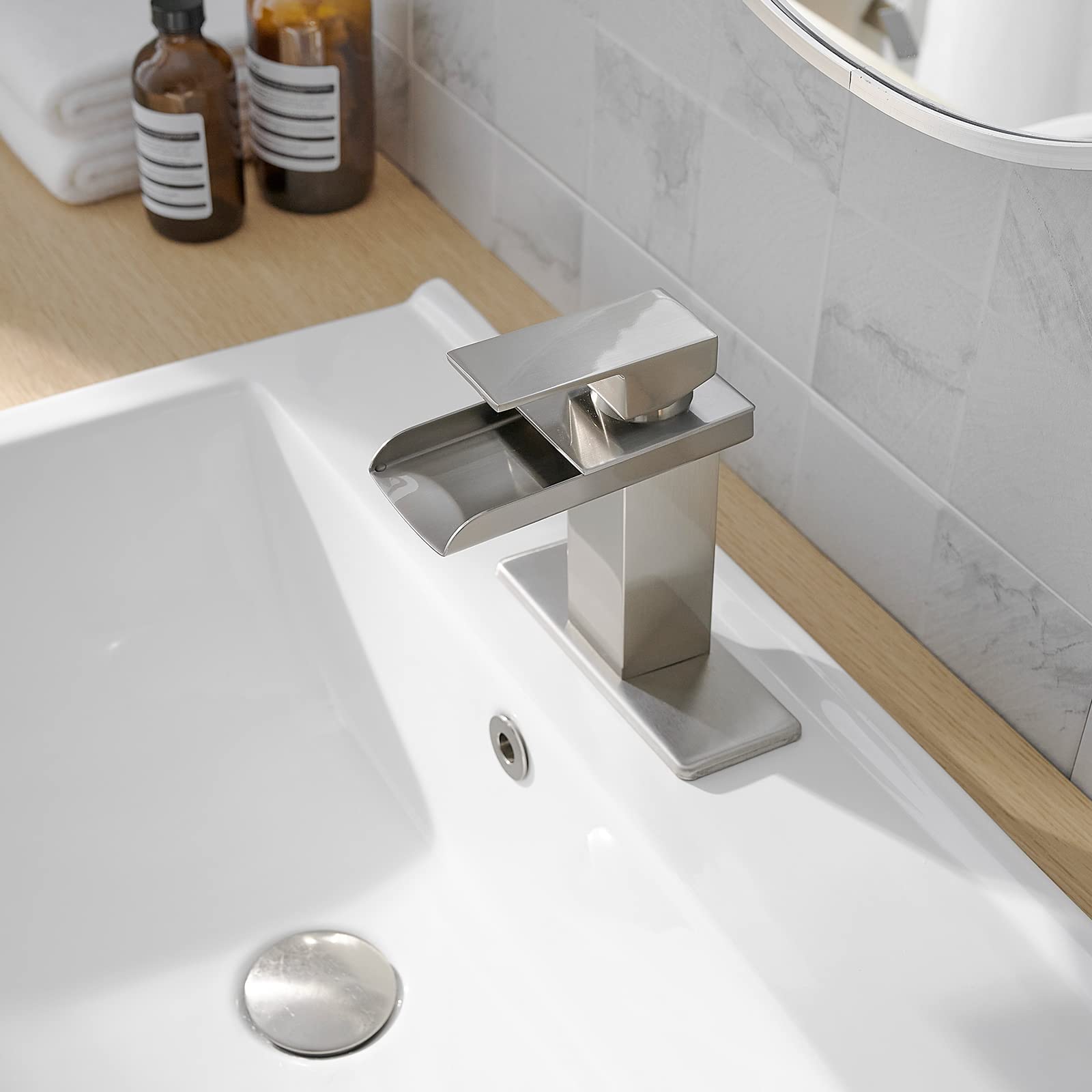 Homevacious Brushed Nickel Waterfall Bathroom Faucet - Single Handle Vanity Sink Faucet with Pop-Up Drain & Deck Plate, Modern Single Hole Lavatory Basin Mixer Tap for Home & Commercial Use - Perfect for Bathroom Renovation & Luxury Hotel Upgrades