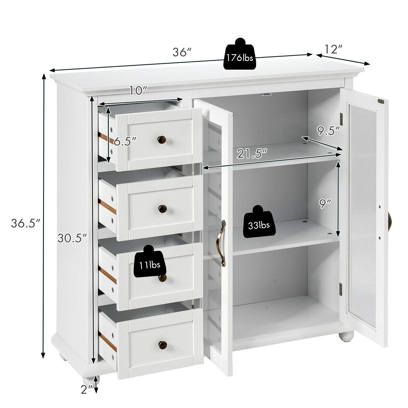 Modern Elegant Buffet Sideboard Table - White Wood Cabinet with 4 Drawers & 3-Tier Storage - Durable Sturdy Construction - Perfect for Dining Room, Living Room, or Entryway Storage Solution