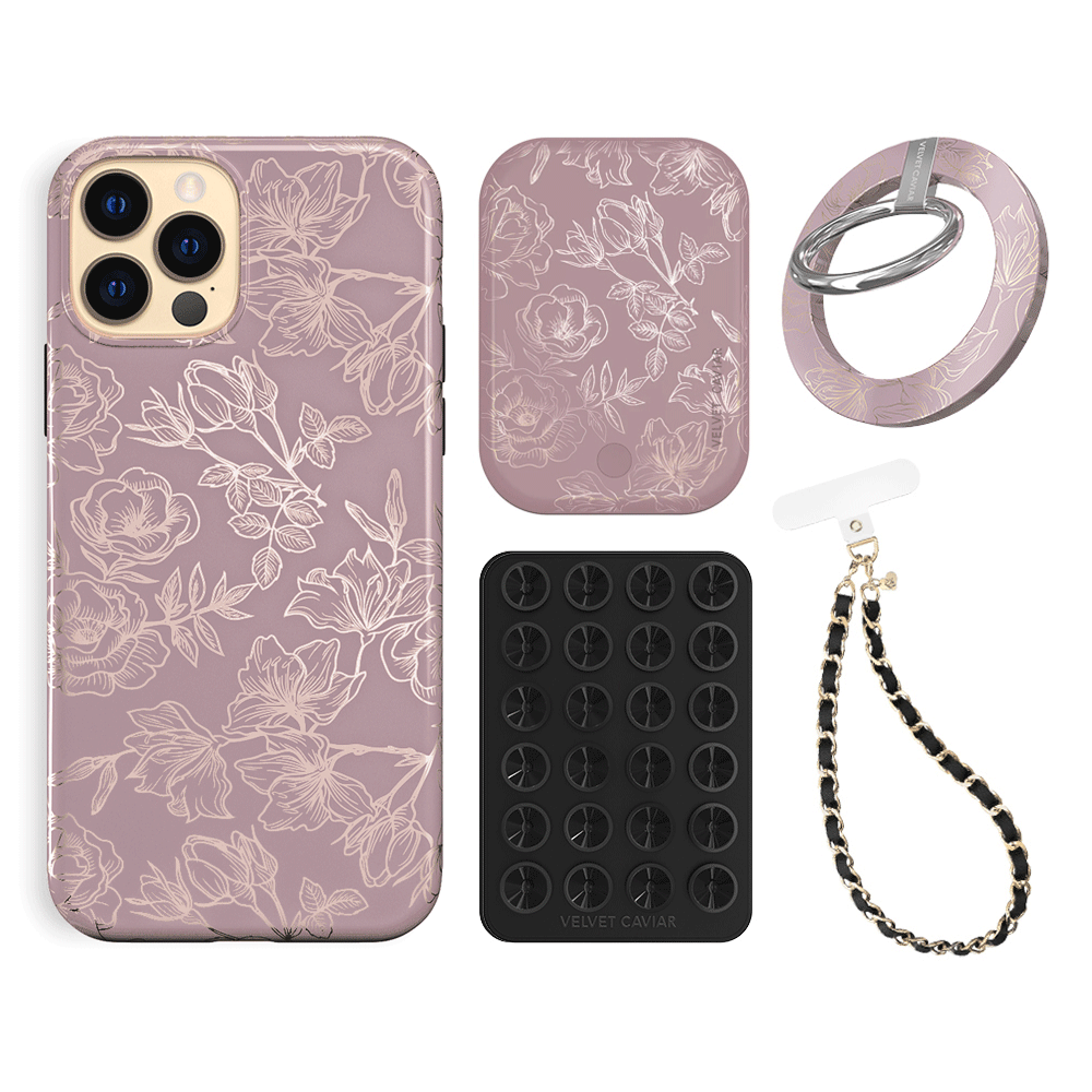 Dusty Rose Chrome Floral iPhone Case with Grip - Stylish Protective Phone Cover for iPhone 13/14/15 Pro Max - Perfect for Everyday Use, Work, and Travel