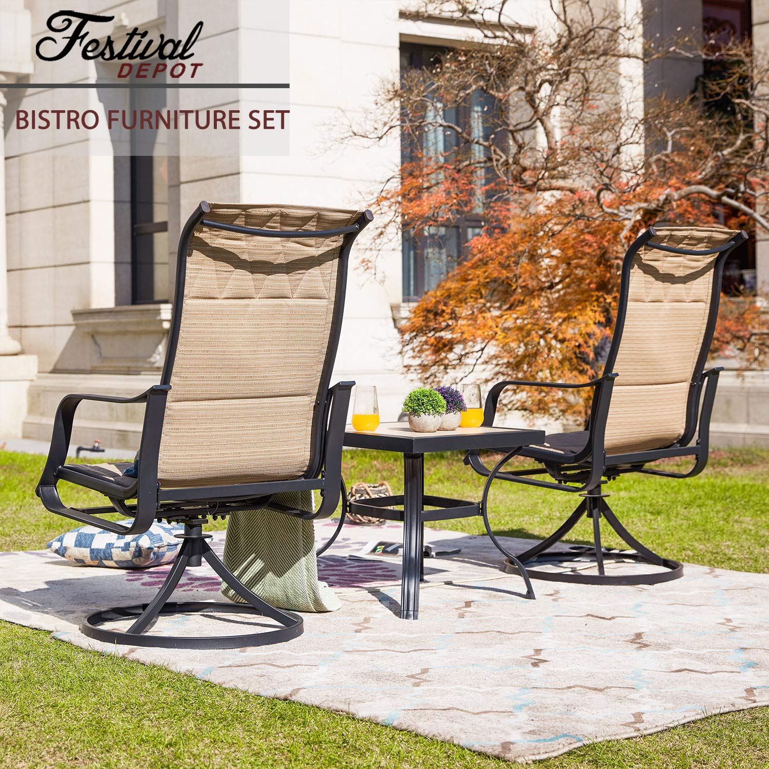 360° Swivel Outdoor Patio Dining Set - 3-Piece Bistro Chairs with Armrests & Square Metal Coffee Table, Beige - Perfect for Deck, Garden, Poolside & Backyard Relaxation