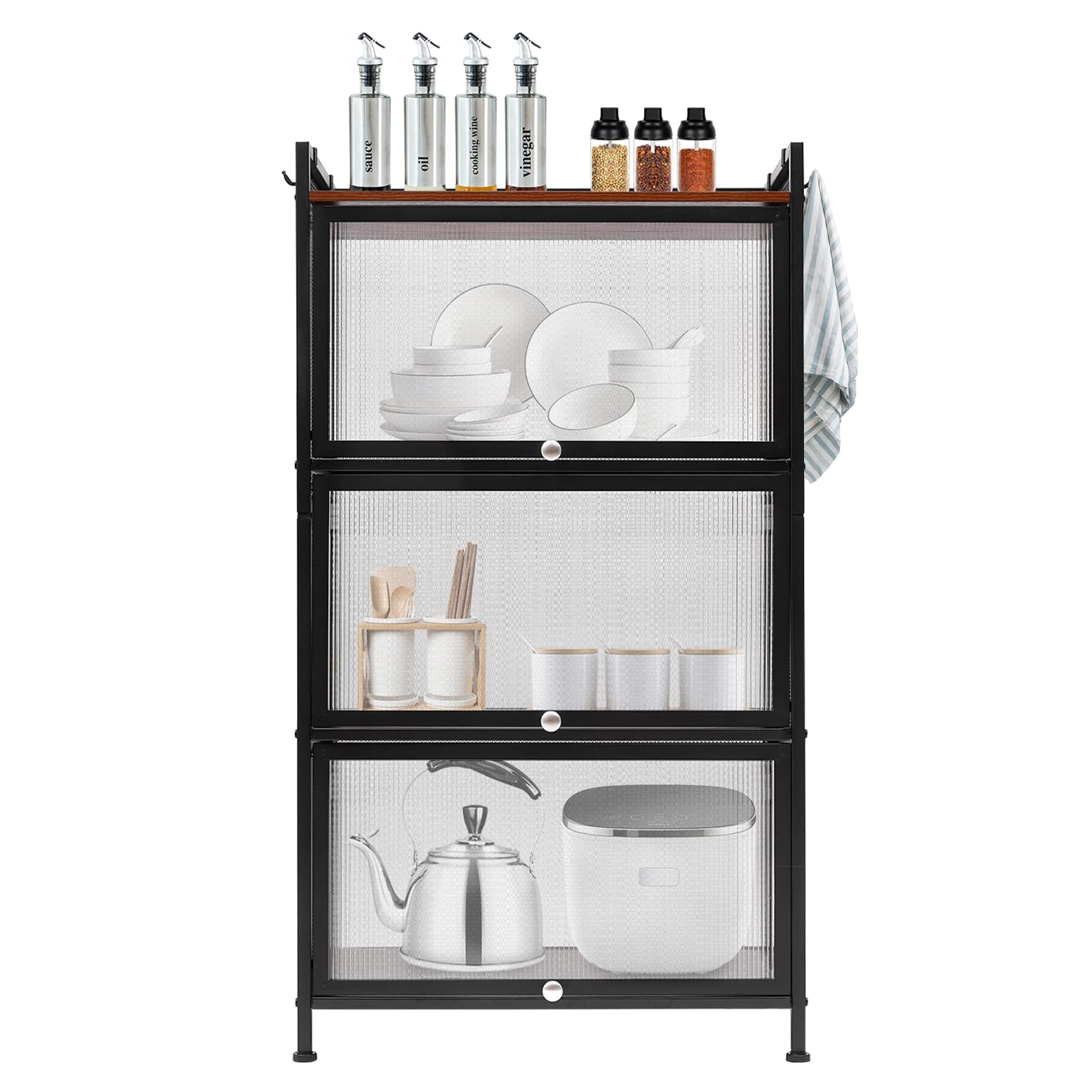 4-Tier Black Kitchen Storage Rack with Hooks - Bread Rack, Coffee Station & Microwave Organizer for Dishes, Pots & Pans - Stylish 43
