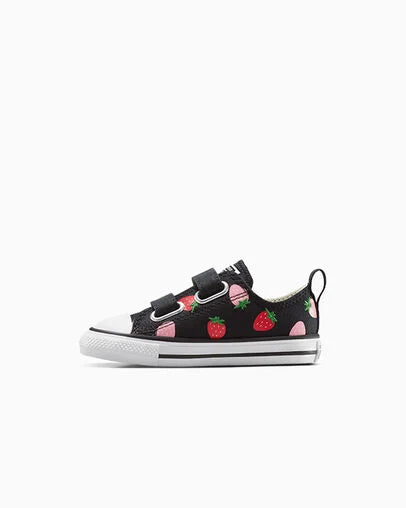 Converse Kids Chuck Taylor All Star Hook & Loop Sneakers - Black/Pink Strawberry Design | Comfortable & Stylish for School, Play & Everyday Wear
