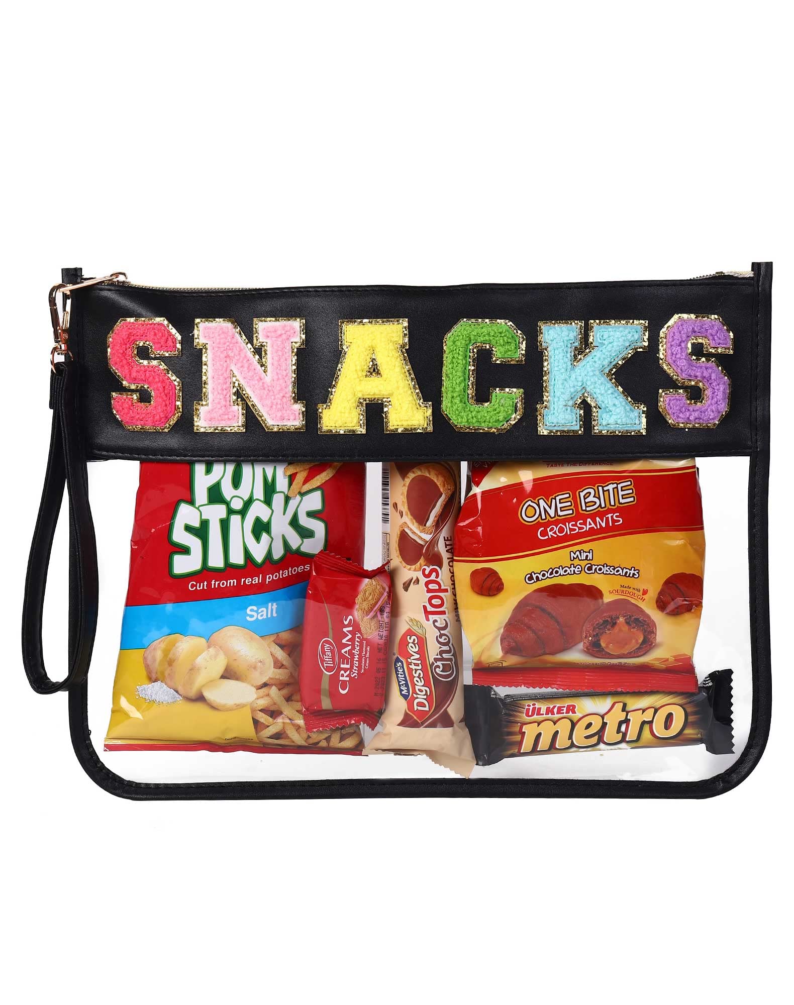 HASIOY Clear Pouch with Patches - Snacks Bag, Chenille Letter Cosmetic Tote Bag with Gold Shoulder Straps | Perfect for School, Travel & Gym Essentials Storage