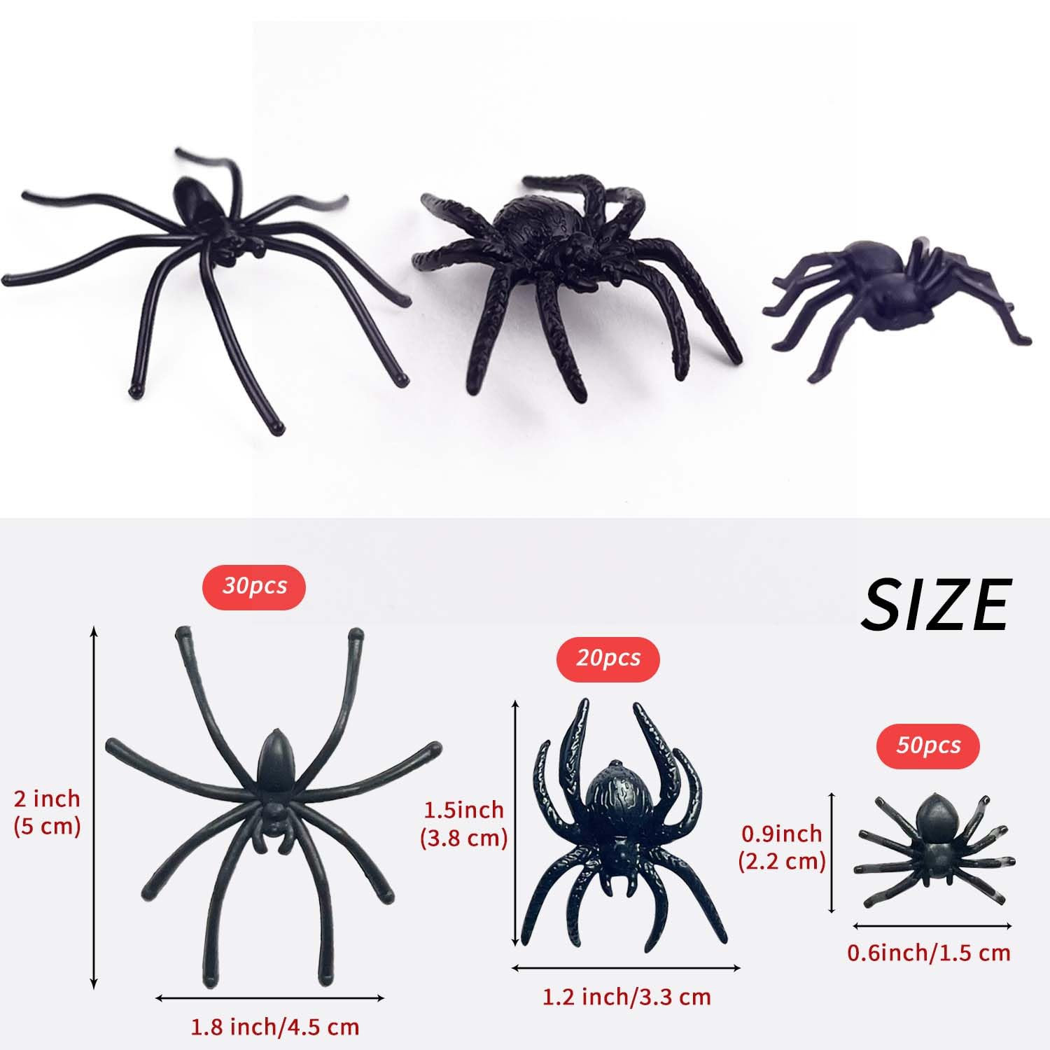 KOMIDK 100-Piece Plastic Spider Set - 3 Sizes Black Fake Spiders for Halloween Pranks, Party Decorations & Home Haunt Props - Scary Prank Toys for Halloween Parties, Themed Events & DIY Decor