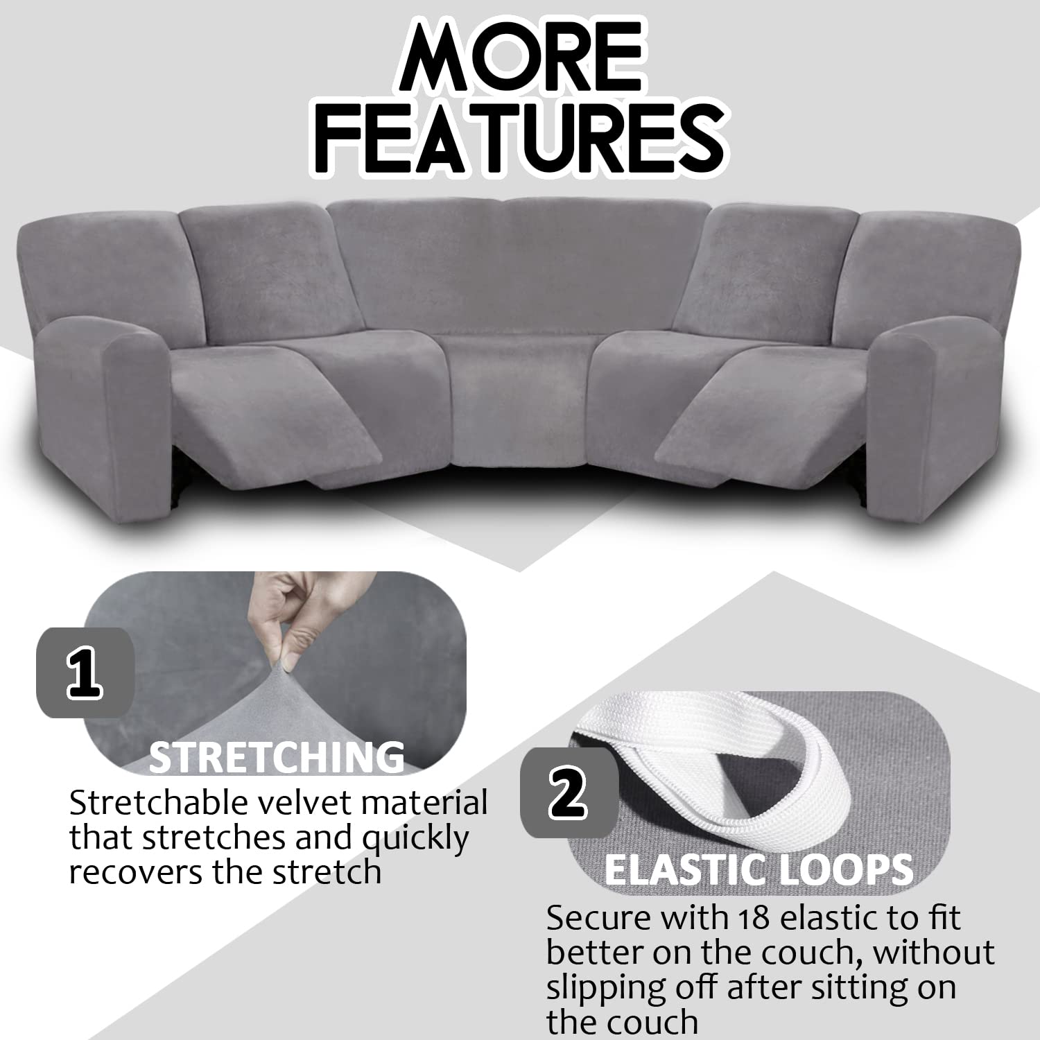 ULTICOR 7-Piece L-Shaped Recliner Sofa Cover - Velvet Stretch Couch Cover for Sectional Reclining Sofa - Soft Washable Furniture Protector (Light Gray, Fits 5-Seat L-Shaped Recliners) - Perfect for Living Room, Home Theater & Family Gatherings