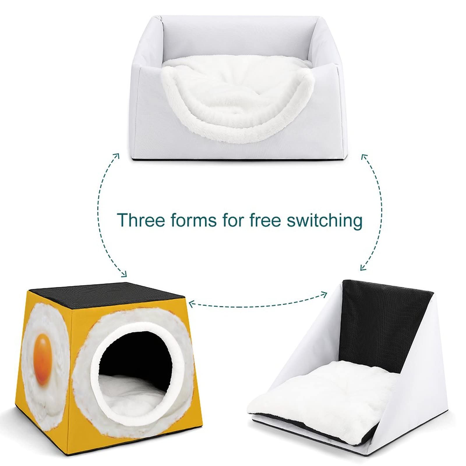 Printed Cat Cube Kitty House - Indoor Cat Bed & Small Dog Shelter - Warm & Cozy Fried Egg Design Pet Sofa for Living Room, Bedroom & Play Areas
