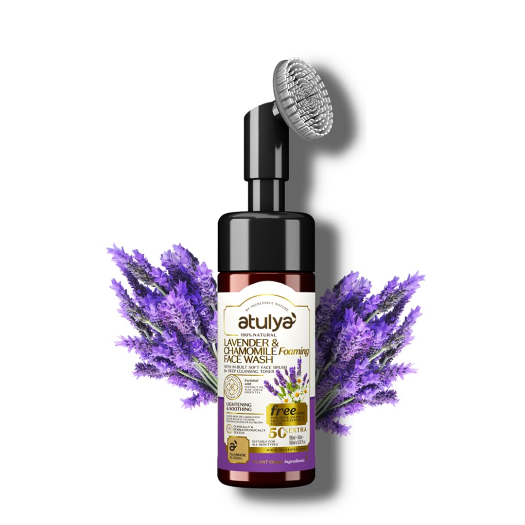 Atulya Lavender & Chamomile Foaming Face Wash with Soft Built-in Brush - Brightens Skin, Soothes Irritation & Treats Acne - 150ml | Gentle Daily Cleanser for Sensitive & Acne-Prone Skin