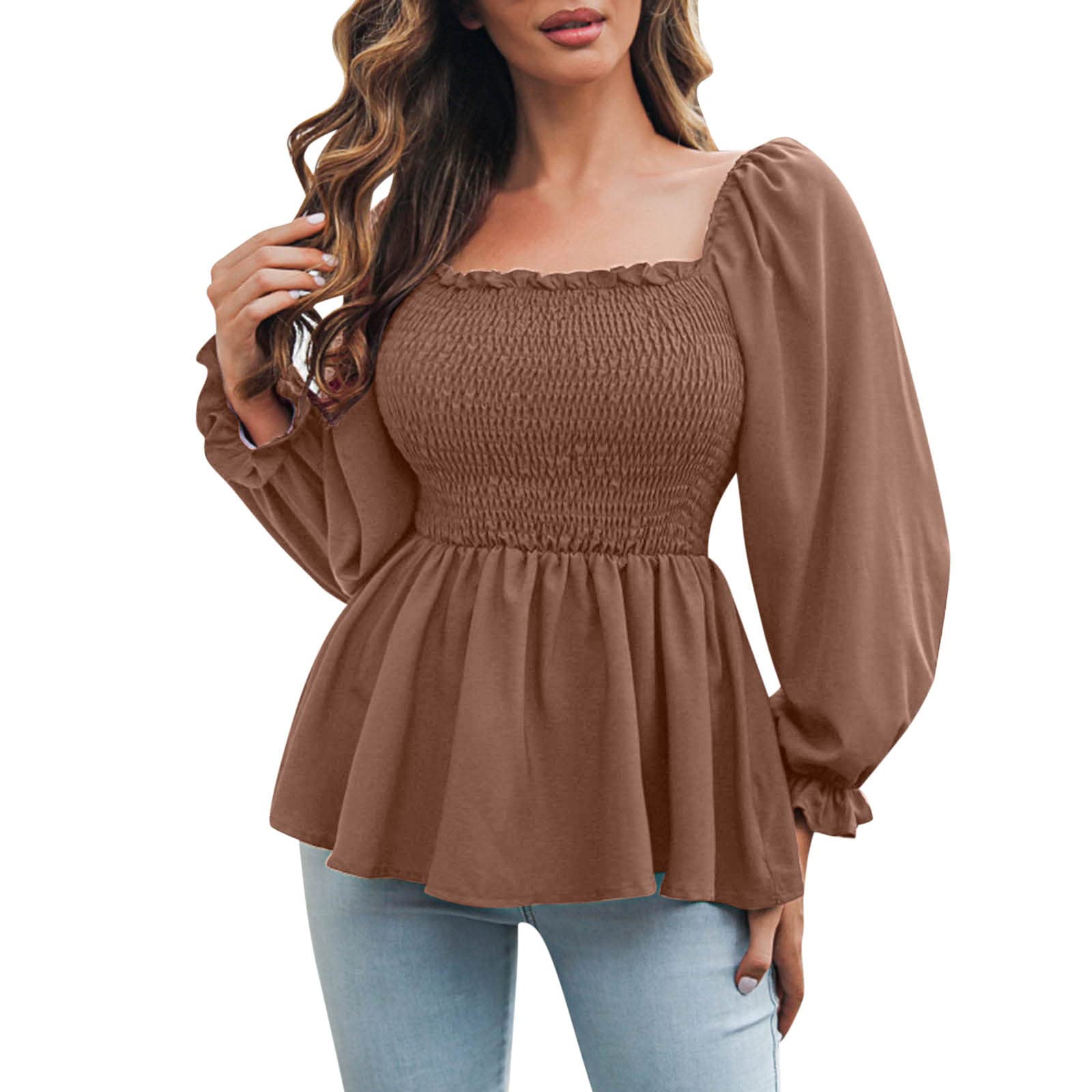 Women's Sexy Frill Blouse Crop Top - Vintage Square Neck Long Sleeve Ruched Workout T-Shirt for Yoga, Gym & Casual Wear