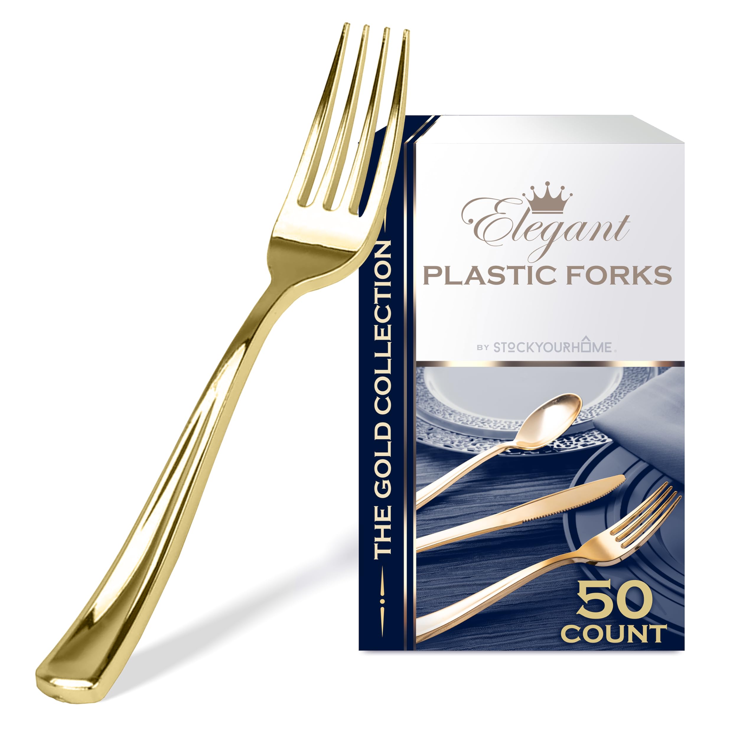Stock Your Home 50 Heavy Duty Disposable Plastic Forks - Elegant Gold Silverware That Looks Like Real Cutlery - Perfect for Catering, Restaurants, Parties, Weddings & Outdoor Events - Durable Utensils for BBQs, Picnics & Banquets