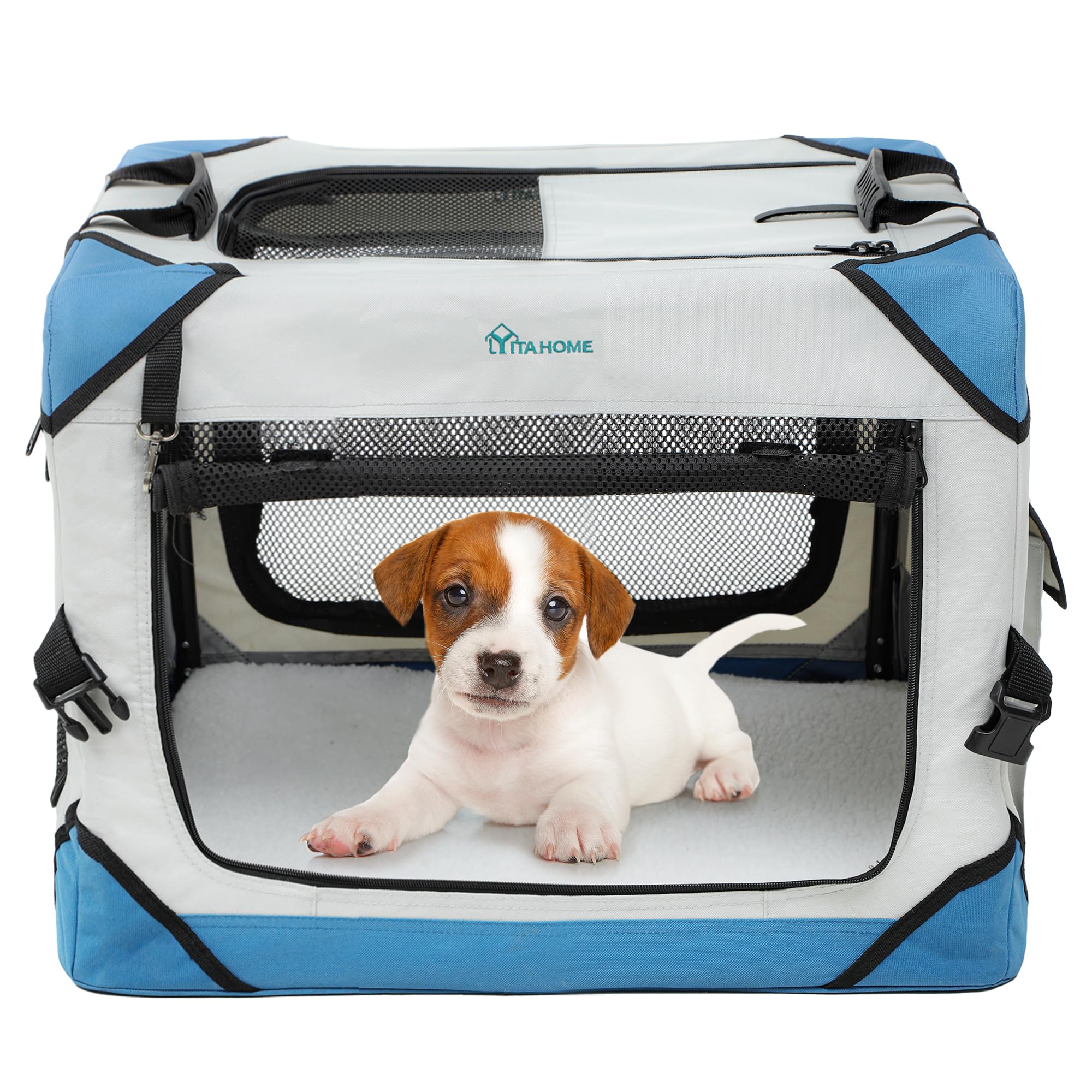 YITAHOME 4-Door Collapsible Dog Crate - Portable Travel Pet Kennel with Breathable Mesh Windows & Soft Mat - Foldable Soft Dog Cage for Indoor Outdoor Use (20