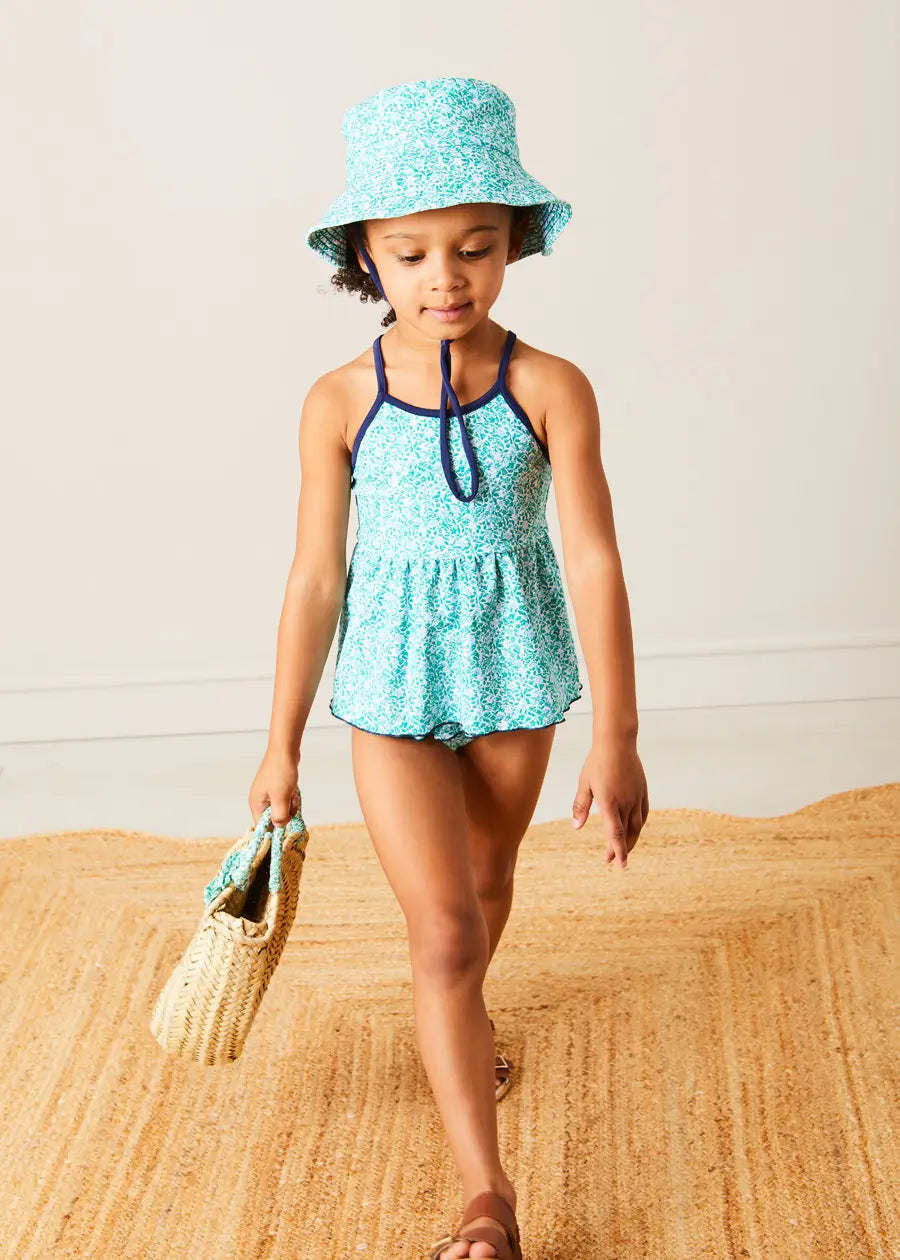 Adelaide Floral Print Bow Detail Two-Piece Swimsuit for Girls (2-10 Years) | Green Bathing Suit for Beach, Pool & Summer Vacation