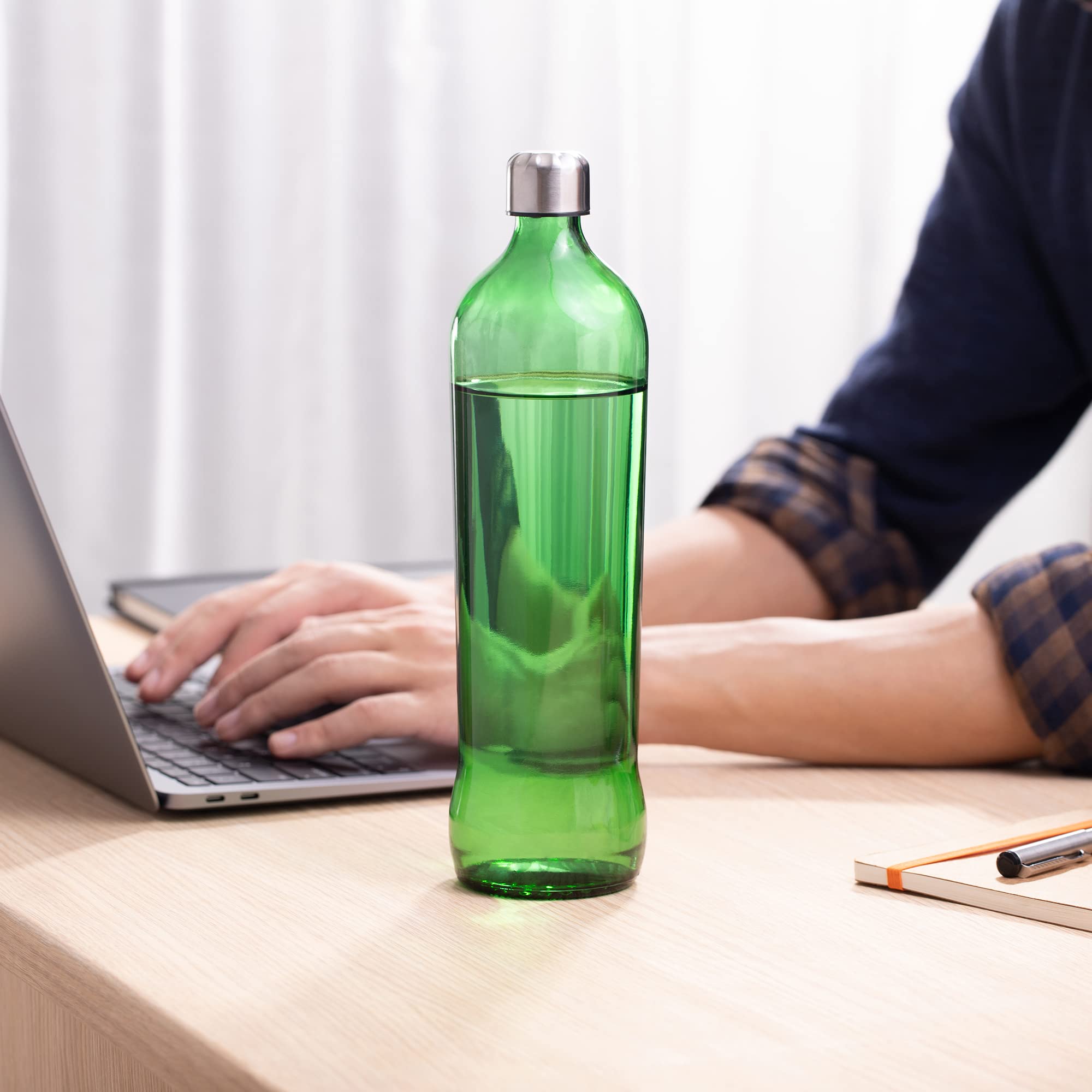 750ml Green Glass Water Bottle with Leak-Proof Stainless Steel Lid - Reusable Travel Drink Bottle for Water, Smoothies, Juice | Eco-Friendly, BPA-Free | Perfect for Gym, Hiking, Office & Daily Hydration