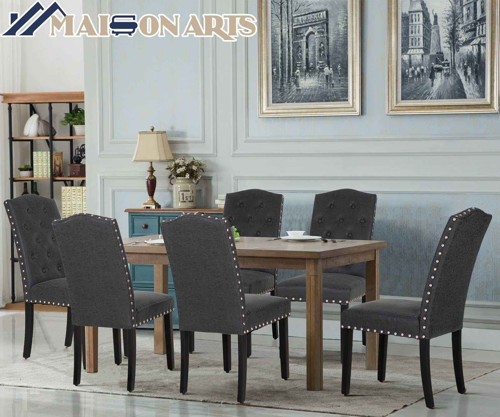 Premium Faux Leather Dining Chairs Set of 6 - Modern Upholstered Tufted Kitchen Chairs with Nailhead Trim & Solid Wood Legs - Elegant Parsons Chairs for Dining Room, Restaurant or Home Decor (Black)