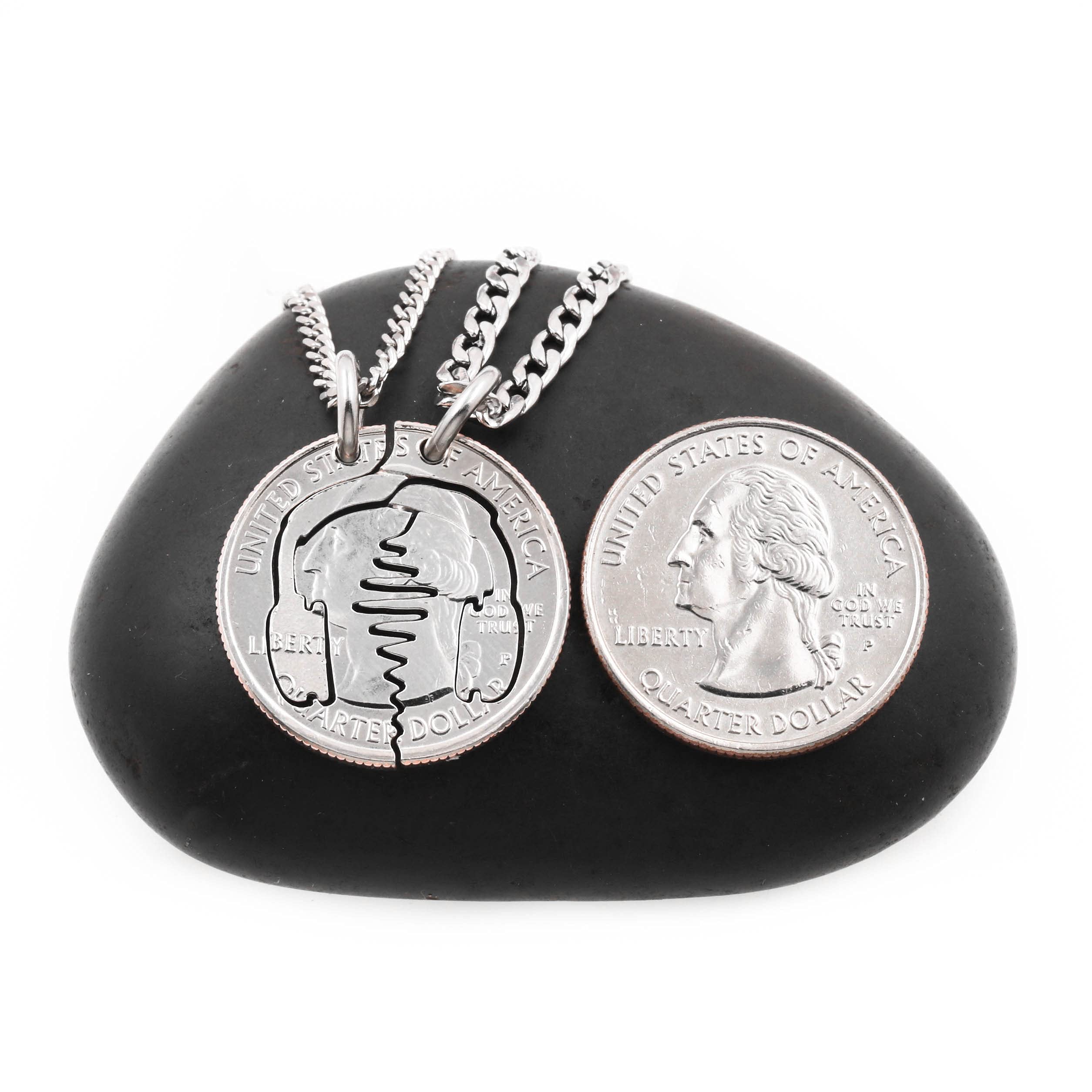 Personalized Sound Wave & Headphones Couple Necklaces Set - Best Friends Gift, BFF Matching Jewelry for 2, Hand Cut Interlocking Coin Necklace by NameCoins - Perfect for Anniversaries, Valentine's Day & Long Distance Relationships
