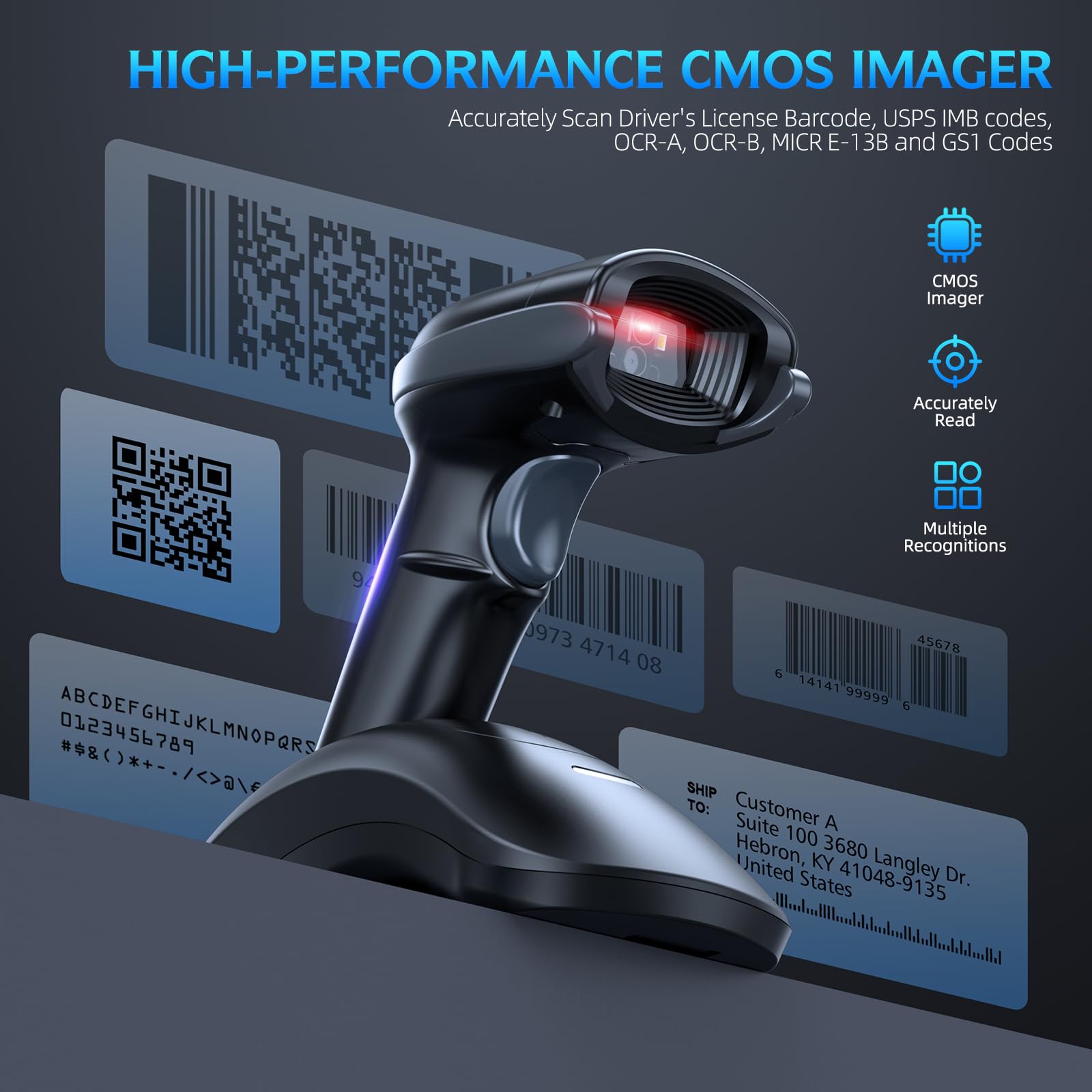 TEEMI Wireless Bluetooth Barcode Scanner - QR & Barcode Reader with USB Cradle, Replaceable Battery, Hands-Free Auto Scanning & Advanced Data Parsing for Retail, Warehouse, and Inventory Management