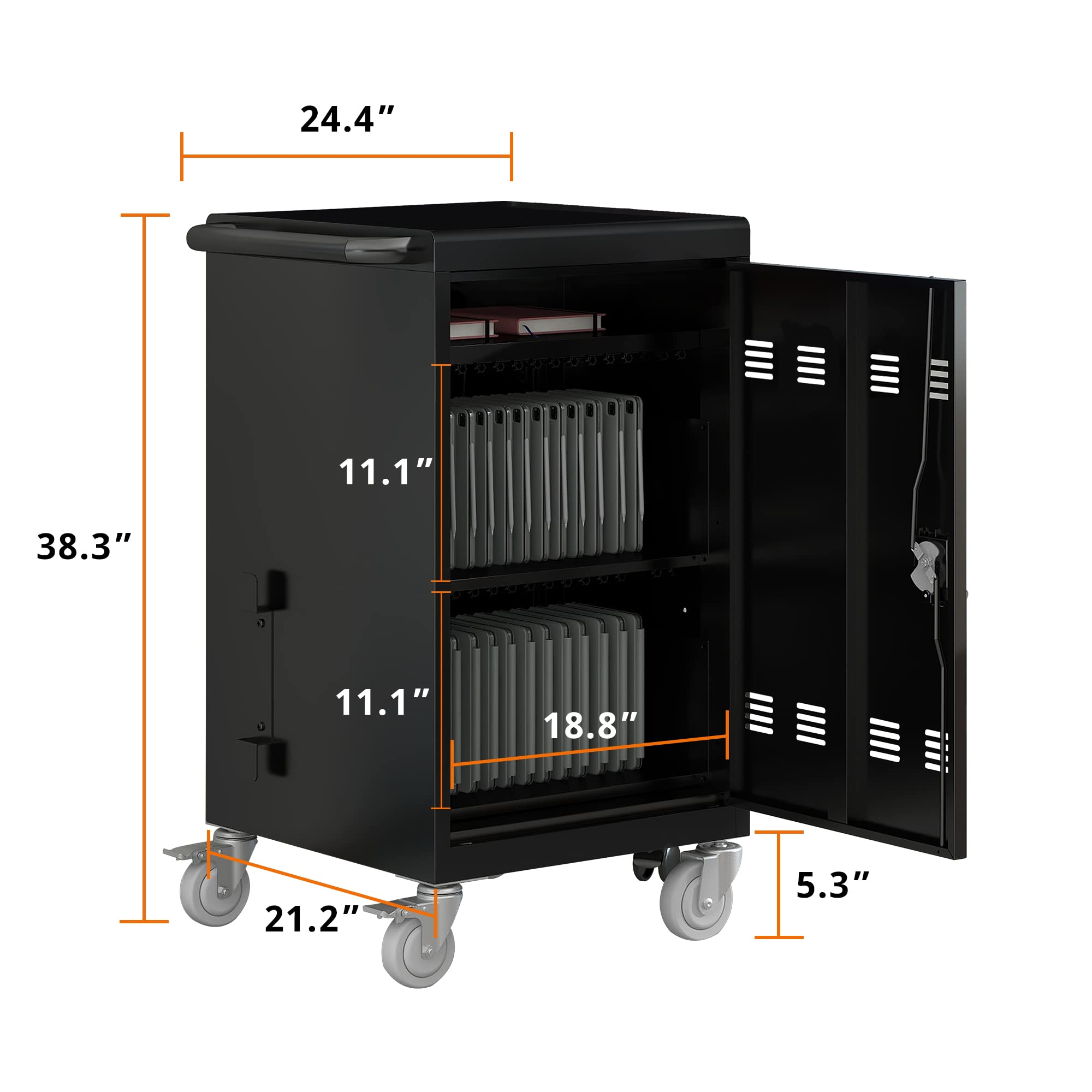 32 Device Rolling Laptop Charging Cart with Surge Protection - 10-Pack Mobile Charging & Storage Cabinet for Chromebooks, Front & Back Access Locking, Black - Ideal for Schools, Offices, and Tech Labs