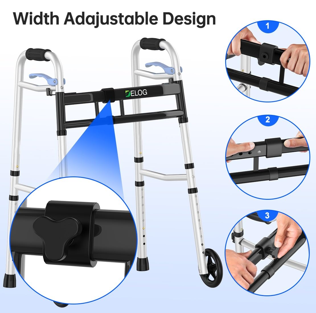 Delog Folding Walker for Seniors & Adults - Adjustable Width, 5