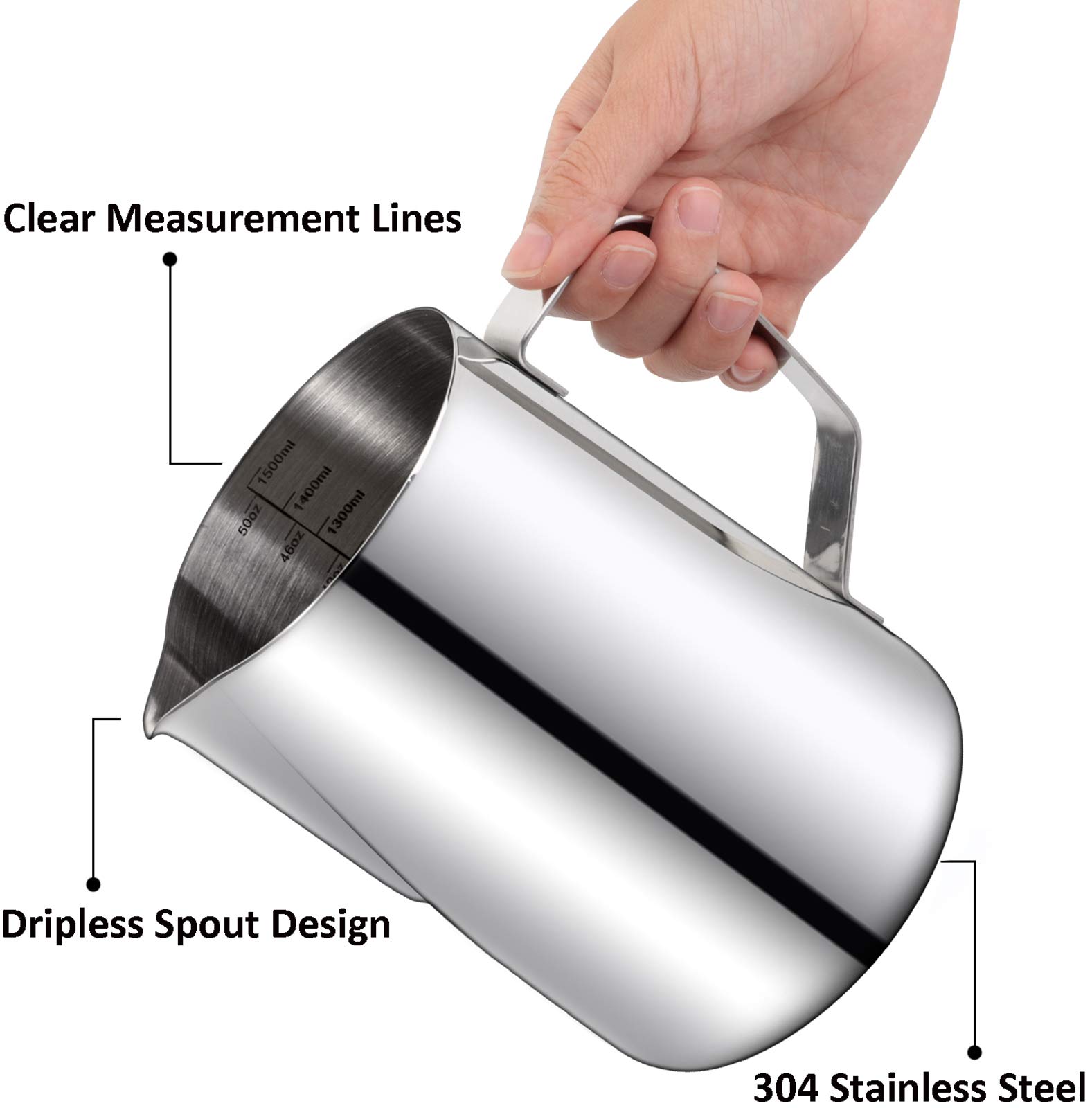 Nicunom 50oz Stainless Steel Milk Frothing Pitcher with Decorating Art Pen - Professional Coffee Tool for Espresso Machines, Perfect for Latte Art, Cappuccino & Steamed Milk - Ideal for Home Baristas & Coffee Shops